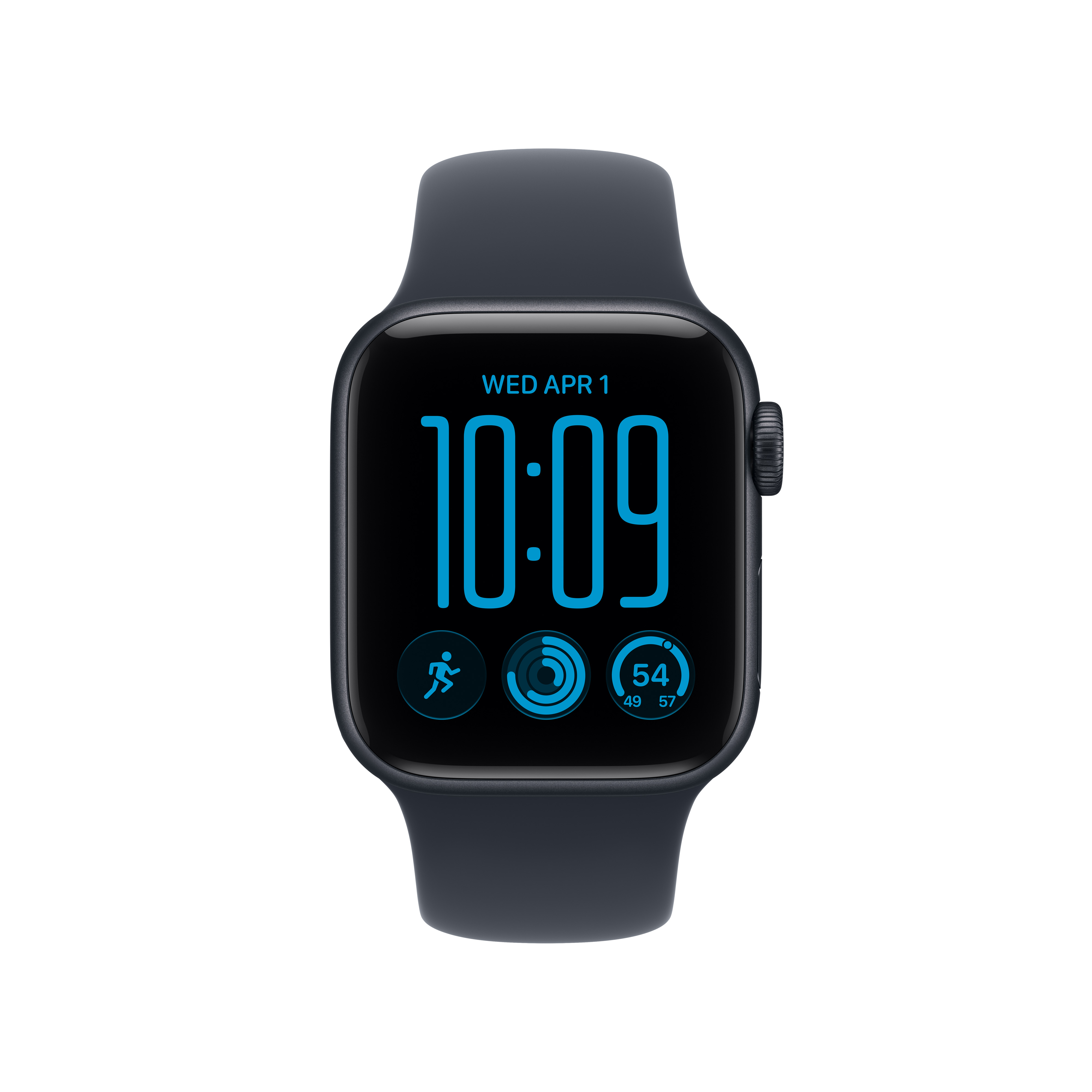 Smartwatch nero con quadrante digitale blu che mostra le 10:09 e anelli di attività, su sfondo bianco.