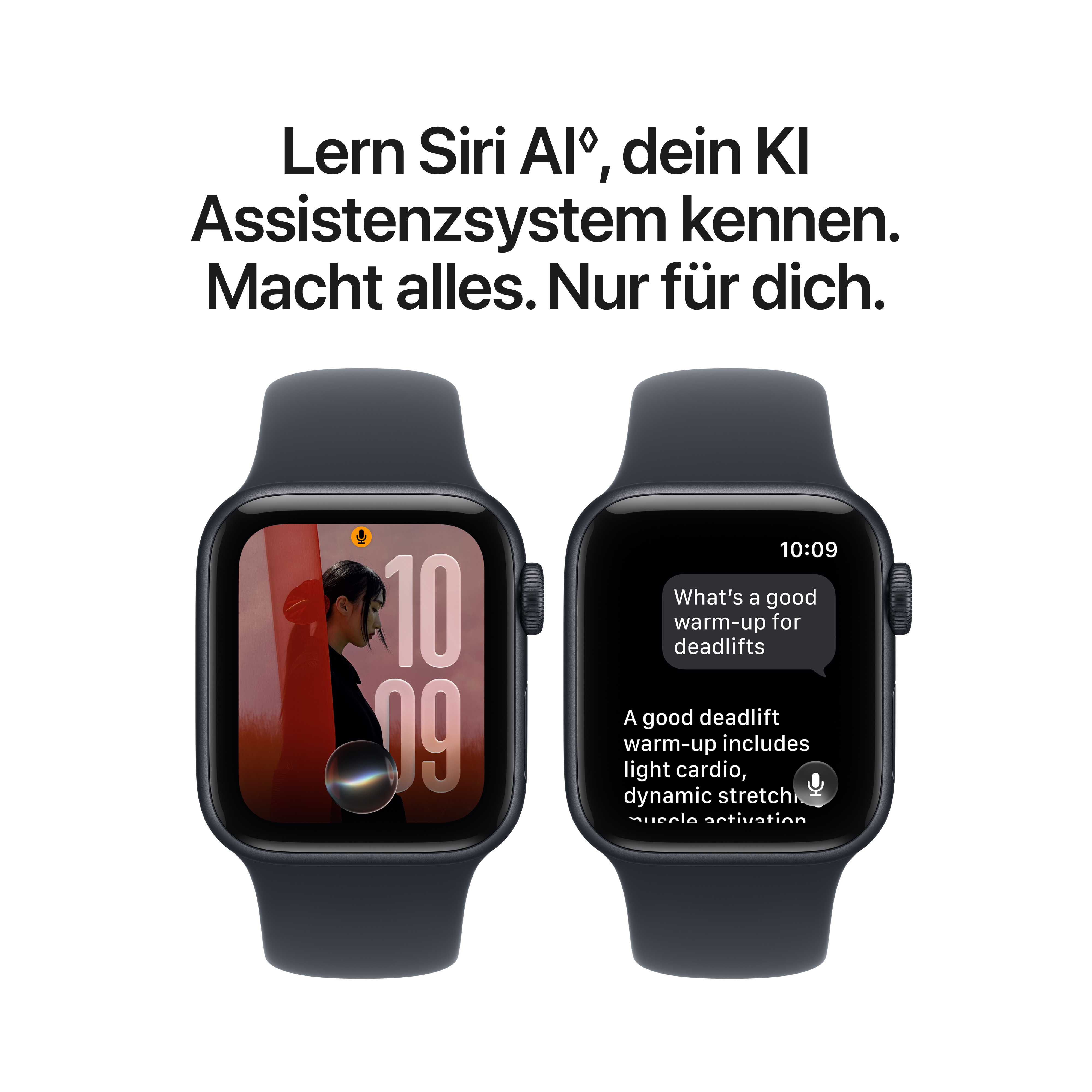 Due smartwatch neri mostrano l'assistente IA Siri con chat e foto.