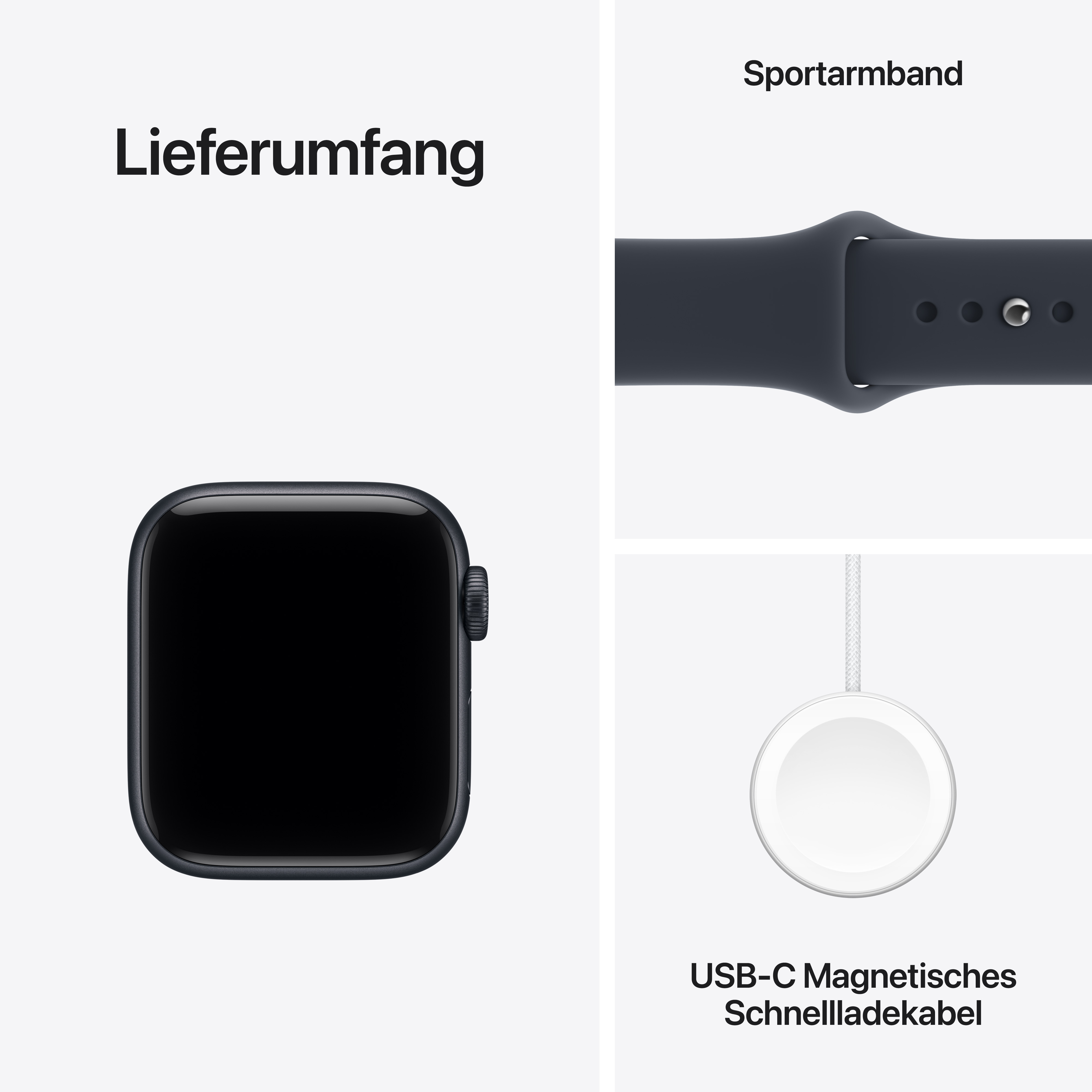 Contenuto della confezione di uno smartwatch con cinturino sportivo e cavo di ricarica rapida magnetica USB-C.