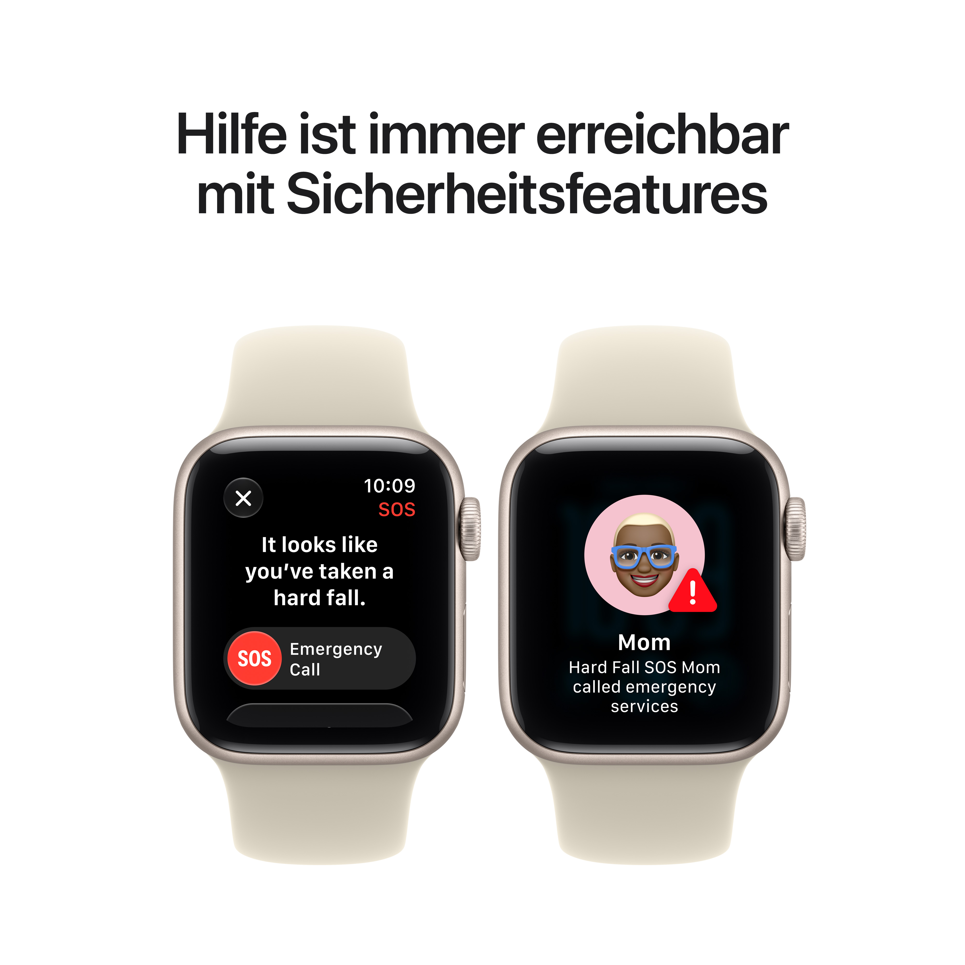 Due smartwatch che mostrano il rilevamento cadute e SOS.