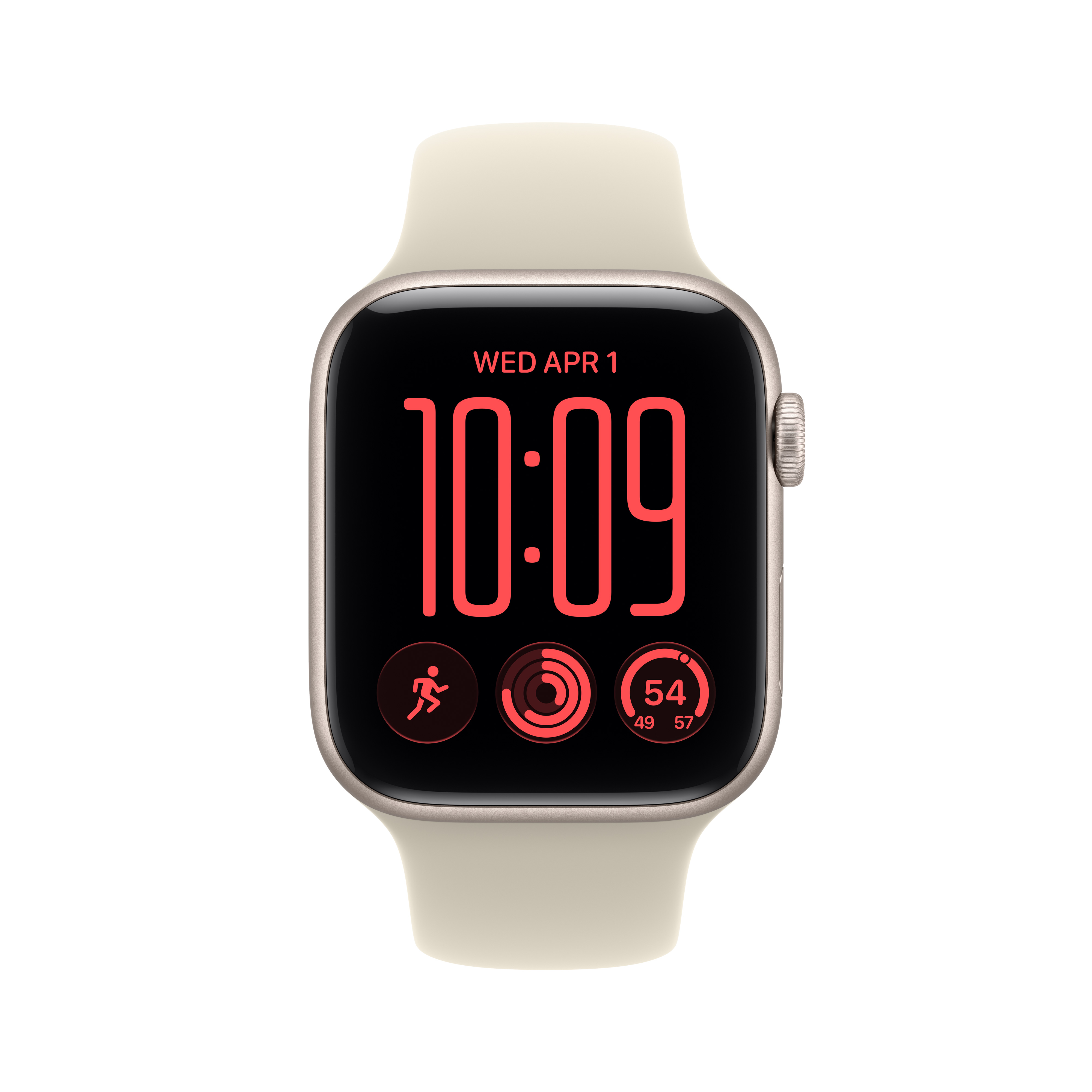 Smartwatch con cinturino chiaro e quadrante digitale rosso e nero.