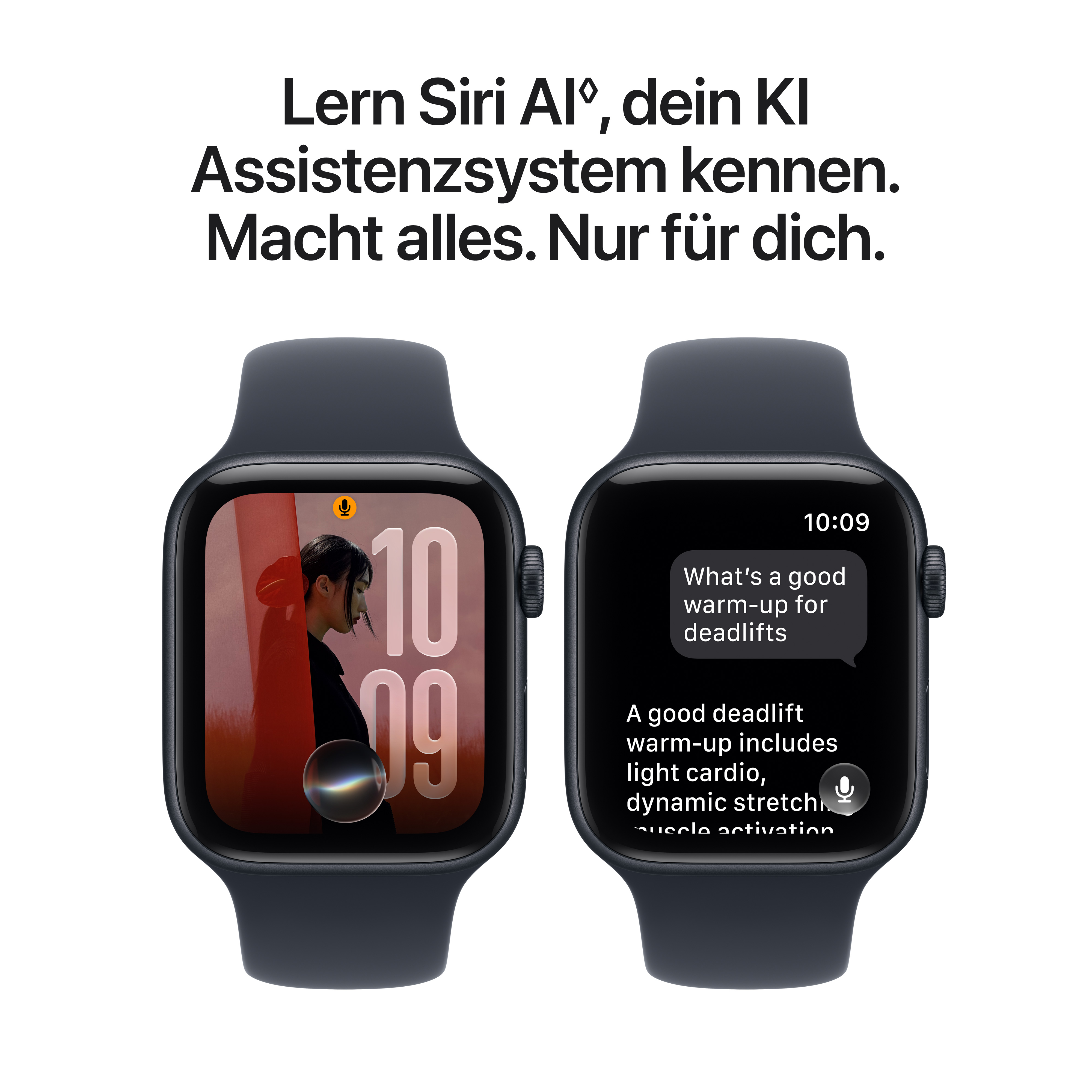 Due smartwatch neri mostrano messaggi di testo e ora, con testo promozionale sopra.