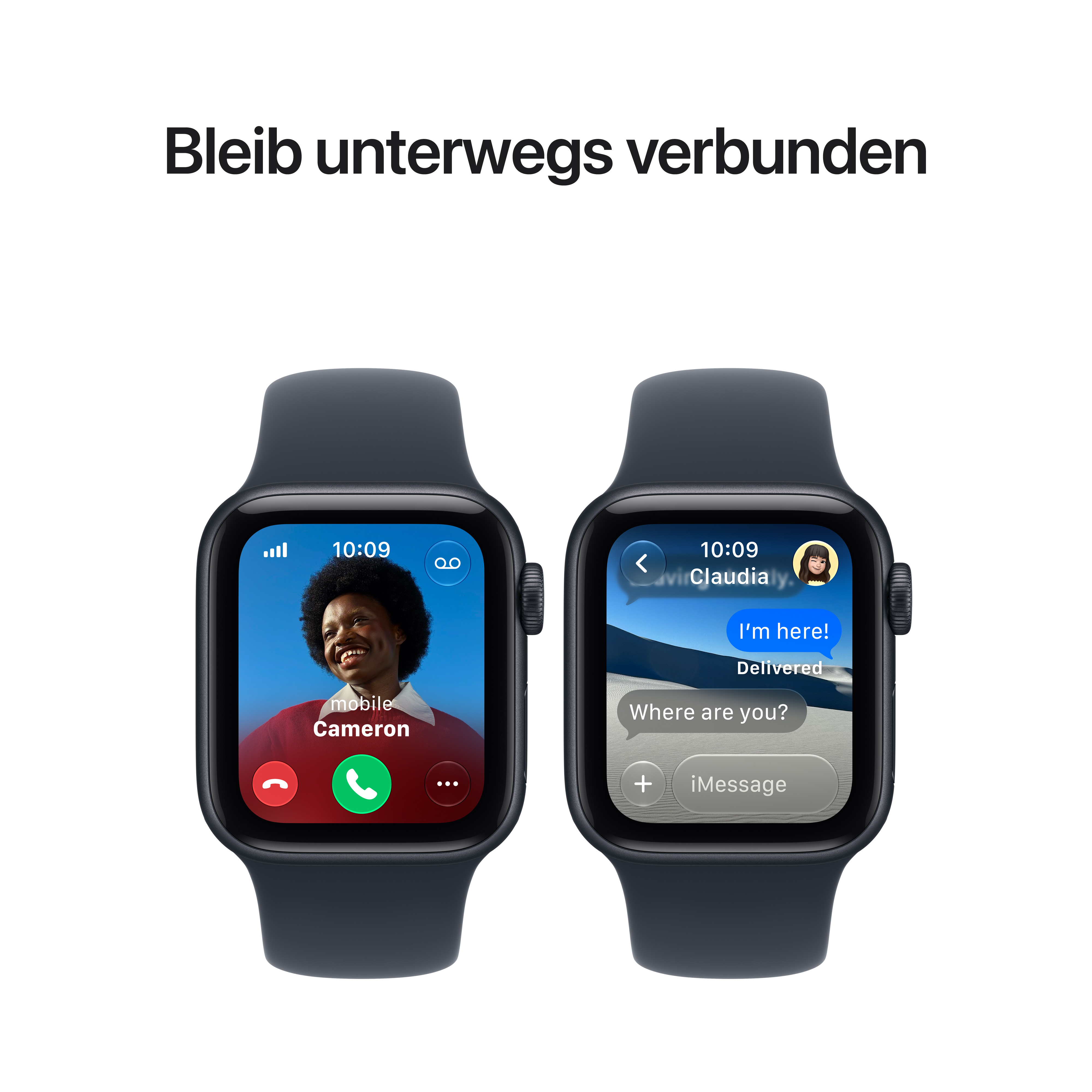 Due smartwatch mostrano una chiamata sullo schermo sinistro e un messaggio a destra.