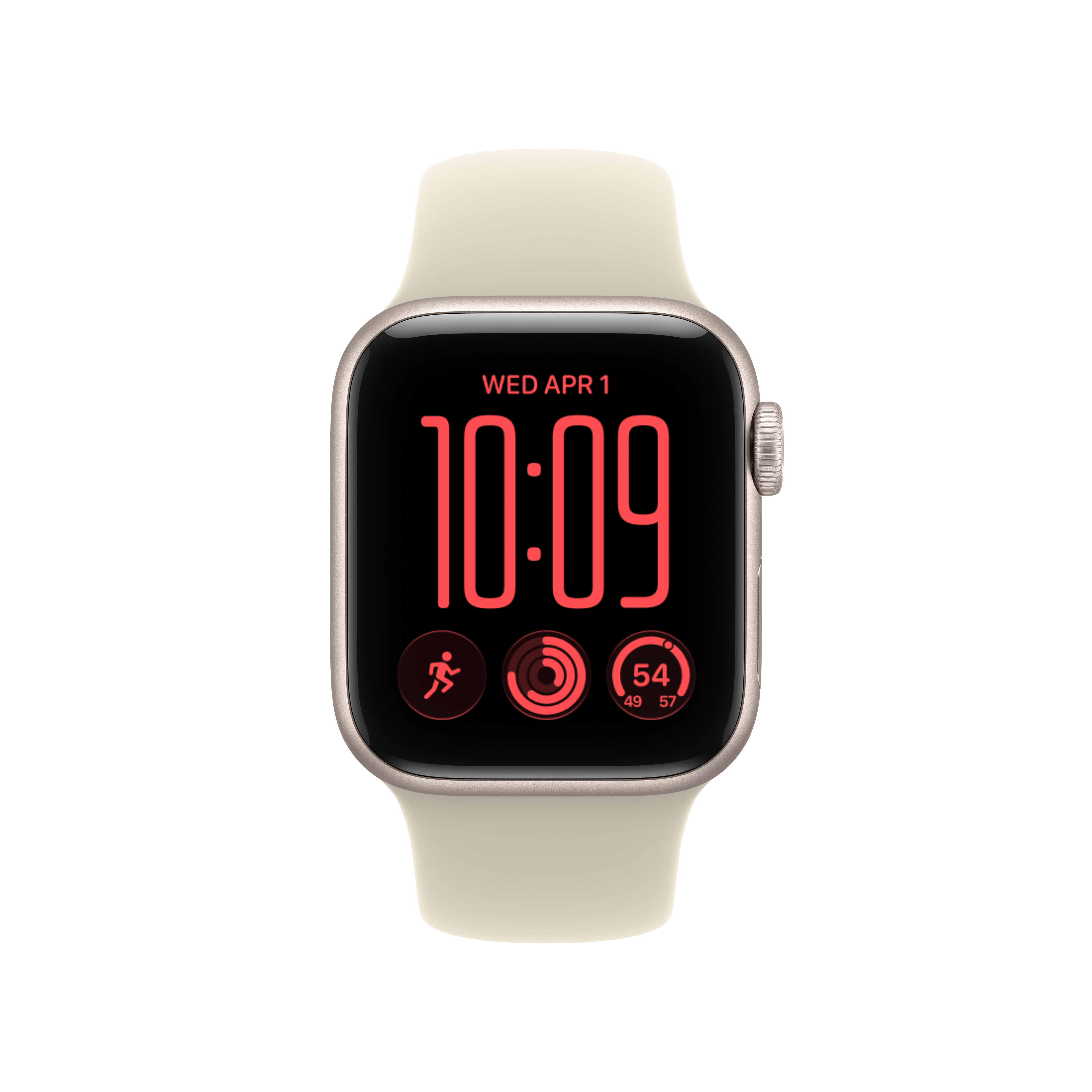 Uno smartwatch beige con display digitale rosso che mostra le 10:09, la data e gli anelli di attività su sfondo bianco.