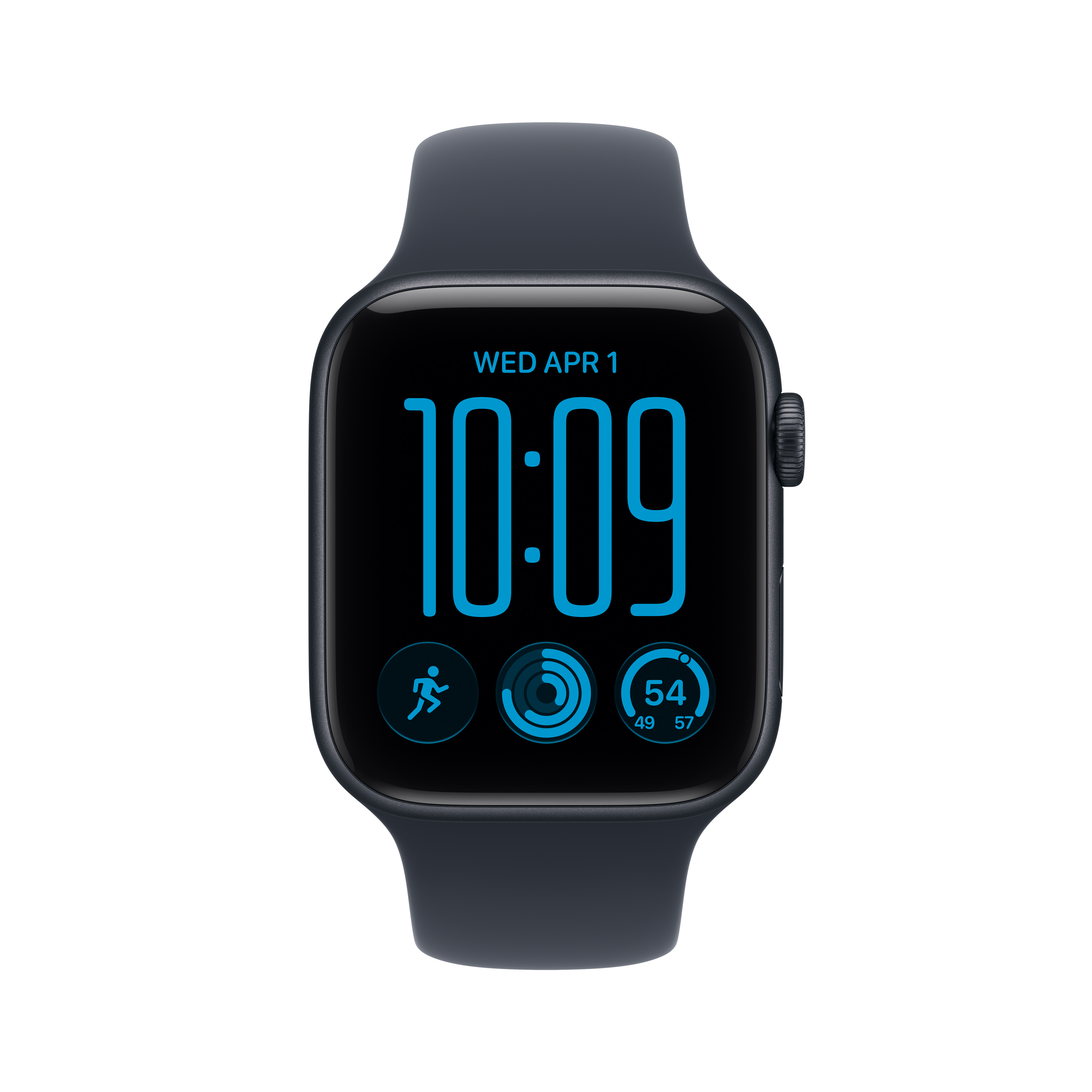 Smartwatch nero con display digitale blu e icone fitness su sfondo bianco.