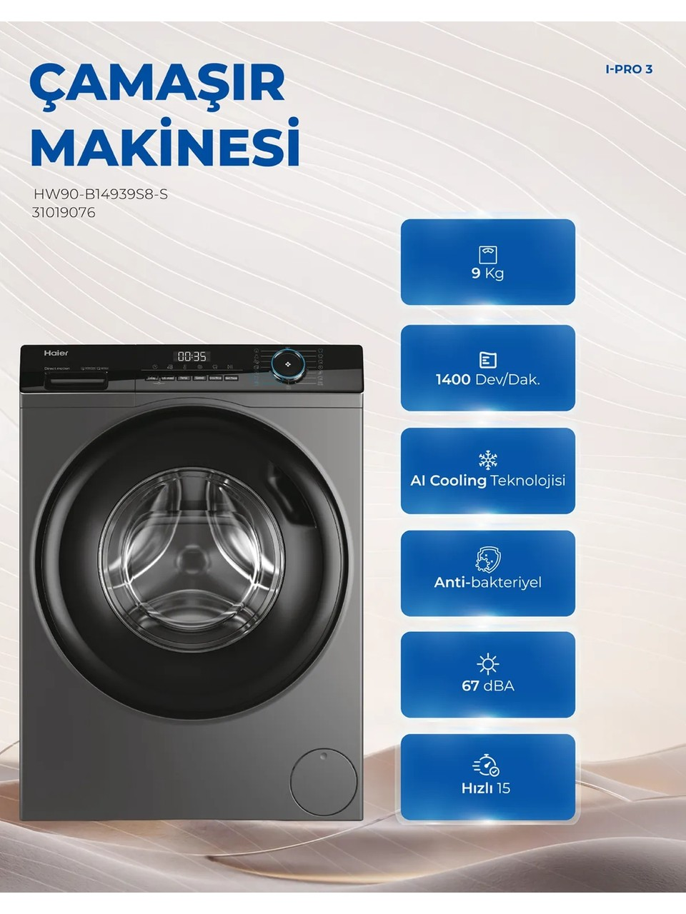 Sağda özellik simgeleri bulunan açık arka plan üzerinde gri Haier çamaşır makinesi.