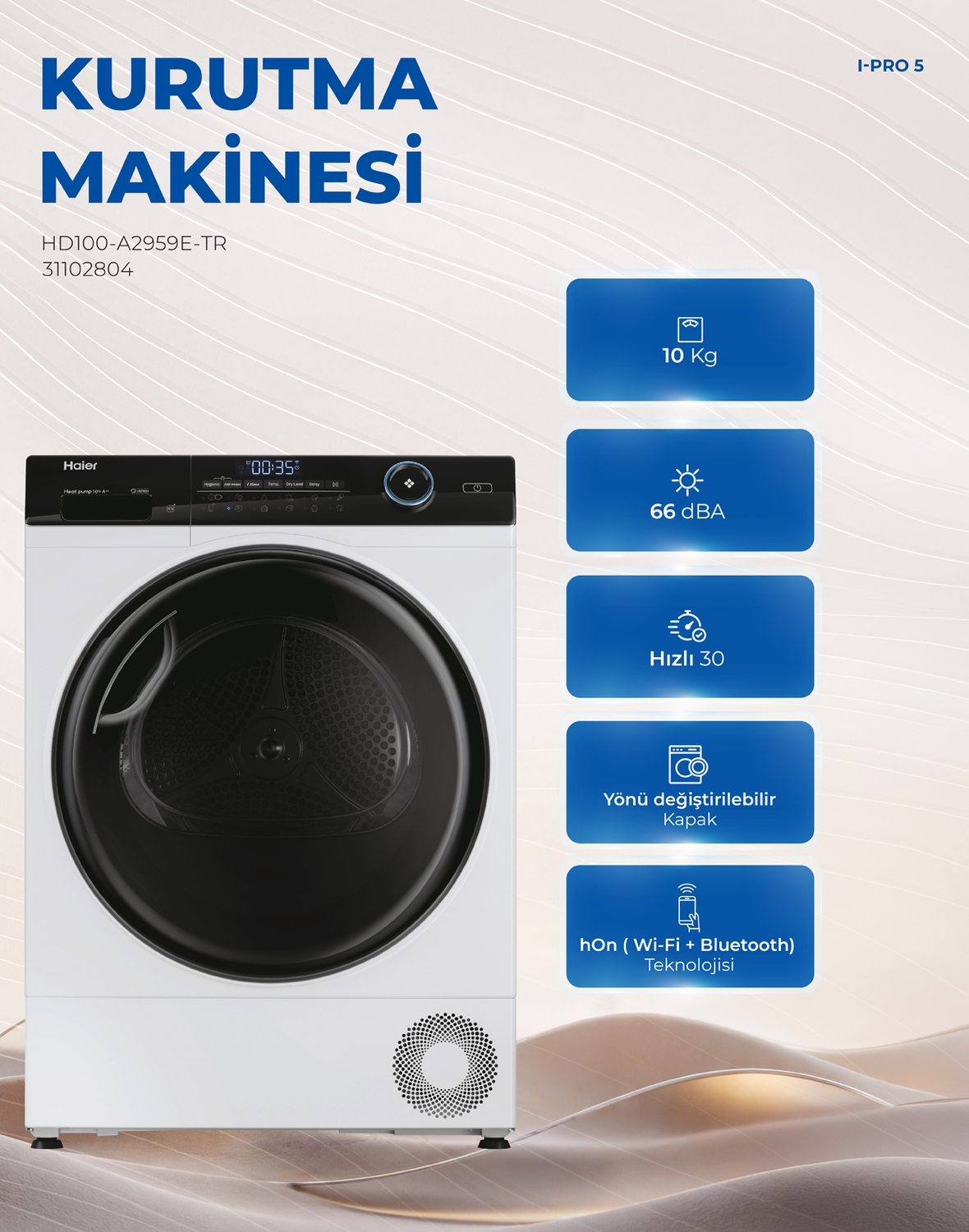 Mavi arka planda özellik simgeleri ve metinleri olan Haier kurutma makinesi.