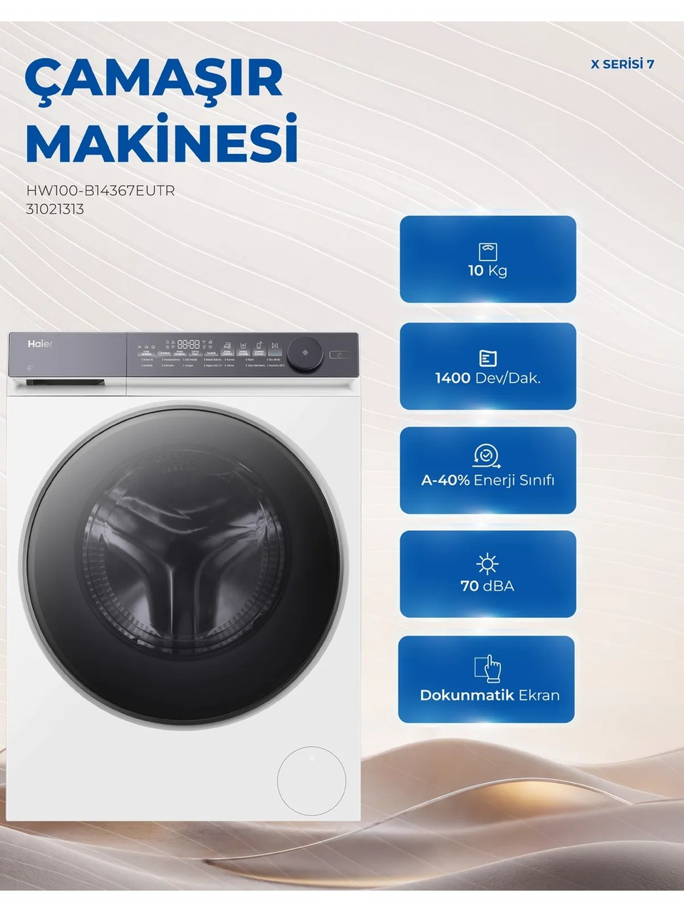 Sağ tarafta mavi özellik simgeleri bulunan beyaz Haier X Seri 7 çamaşır makinesinin tanıtım görseli.