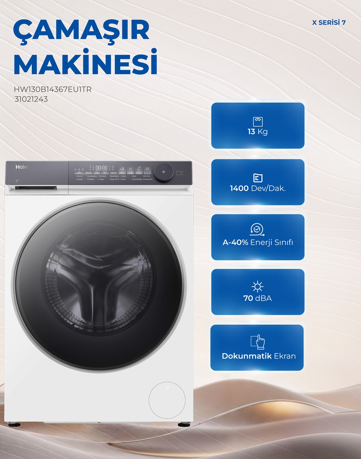 Siyah kapaklı ve mavi özellik panelli beyaz Haier çamaşır makinesi.