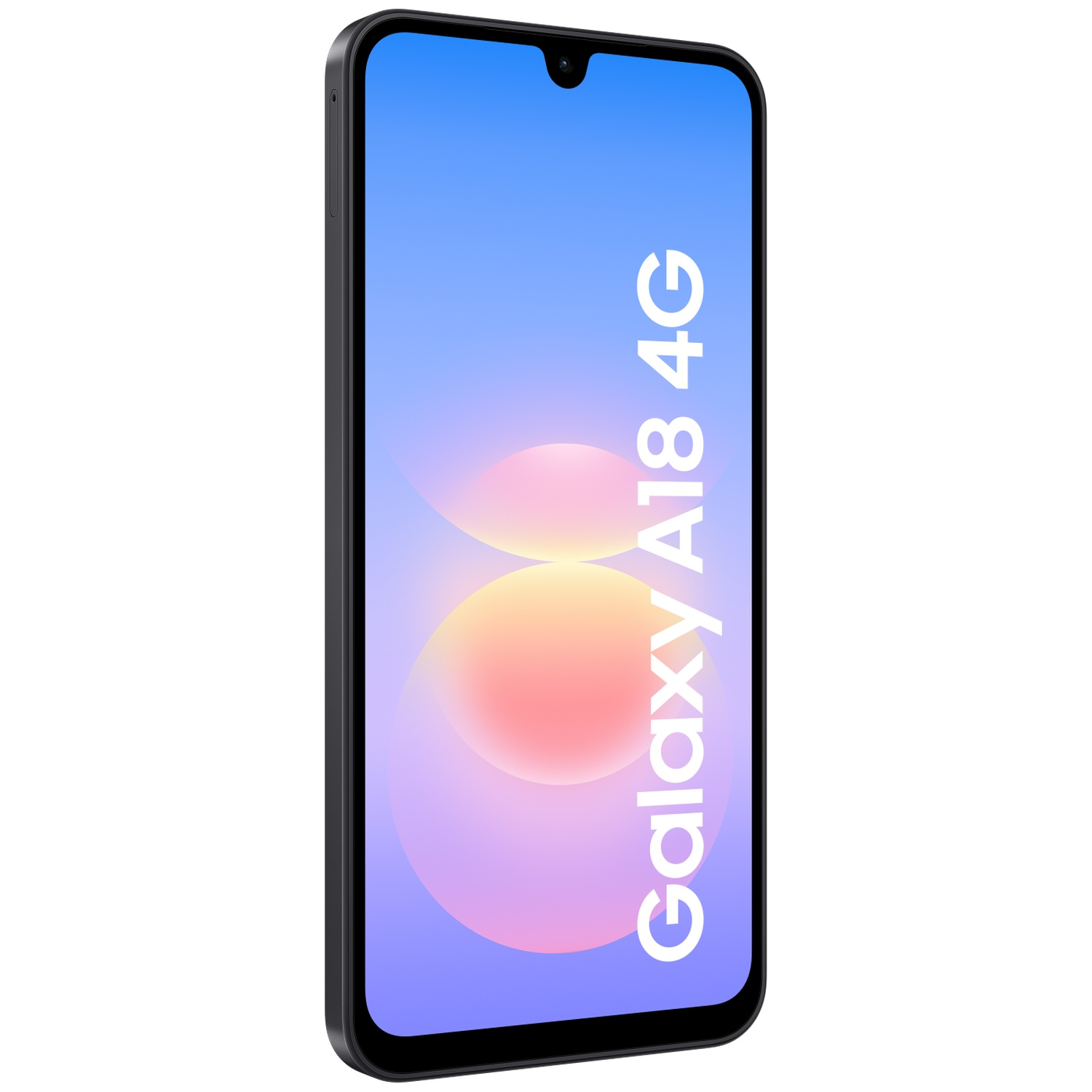 A black smartphone with a blue and pink wallpaper and the text Galaxy A18 4G.