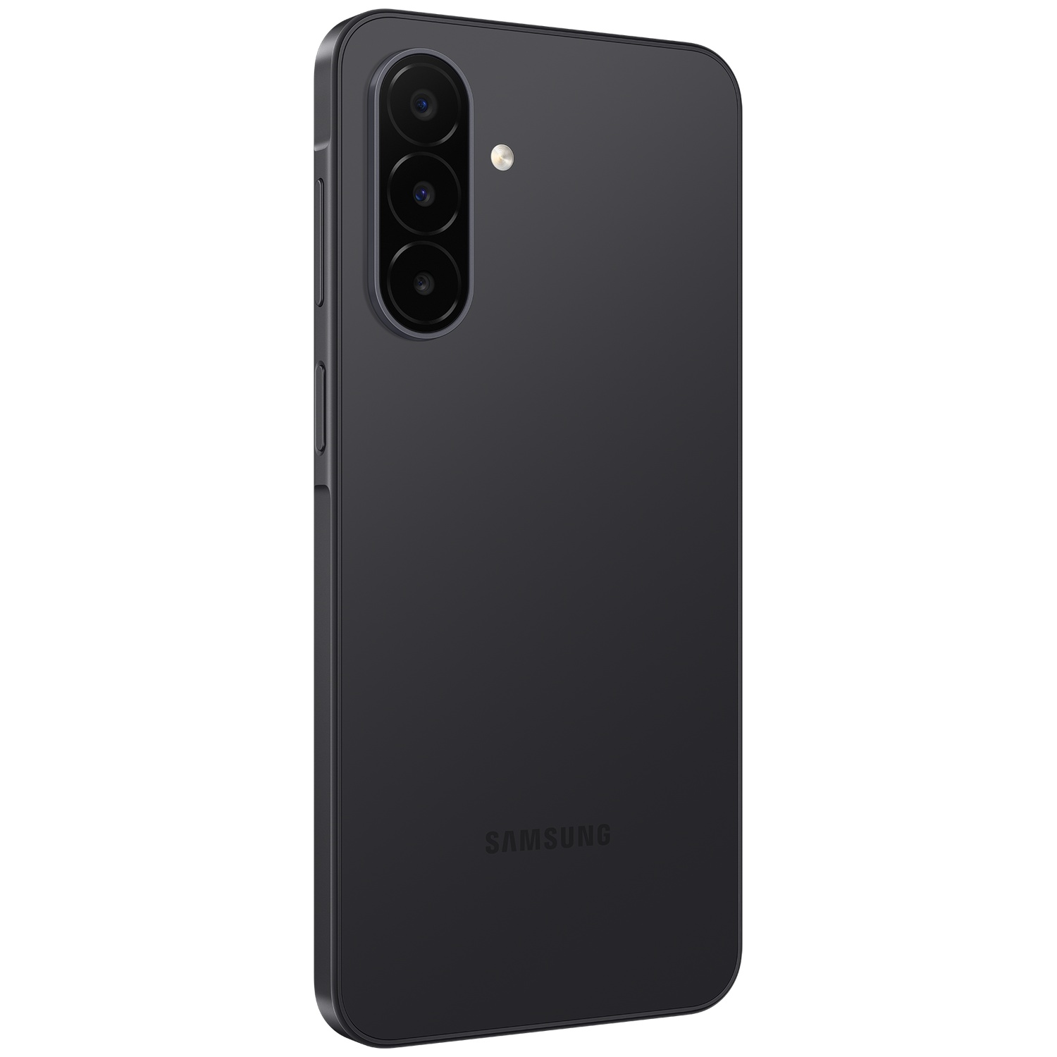Back of a black Samsung smartphone with a triple camera and LED flash on a white background.