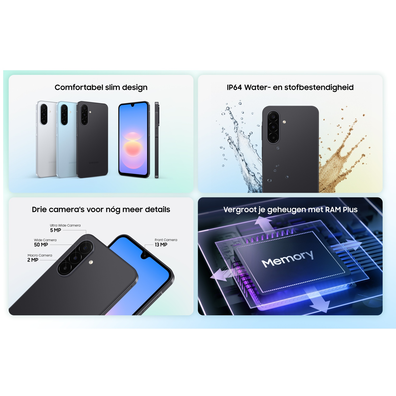 Four panels showcasing smartphone features including slim design, water resistance, triple cameras, and memory.