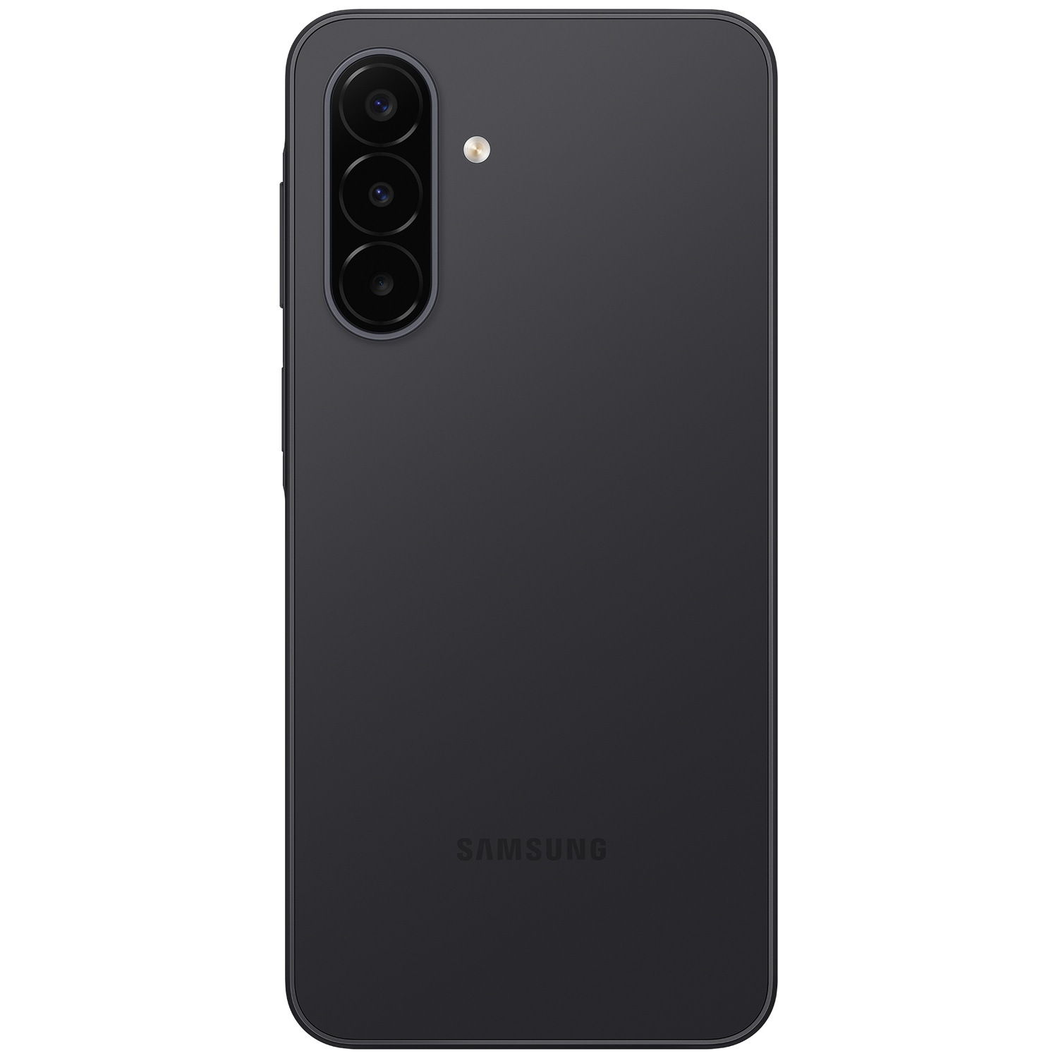 Back of a black smartphone with a vertical triple camera and Samsung logo.