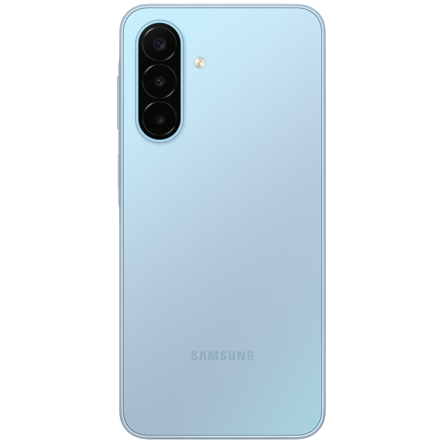 Back of a light blue Samsung smartphone with a vertical triple camera and flash.