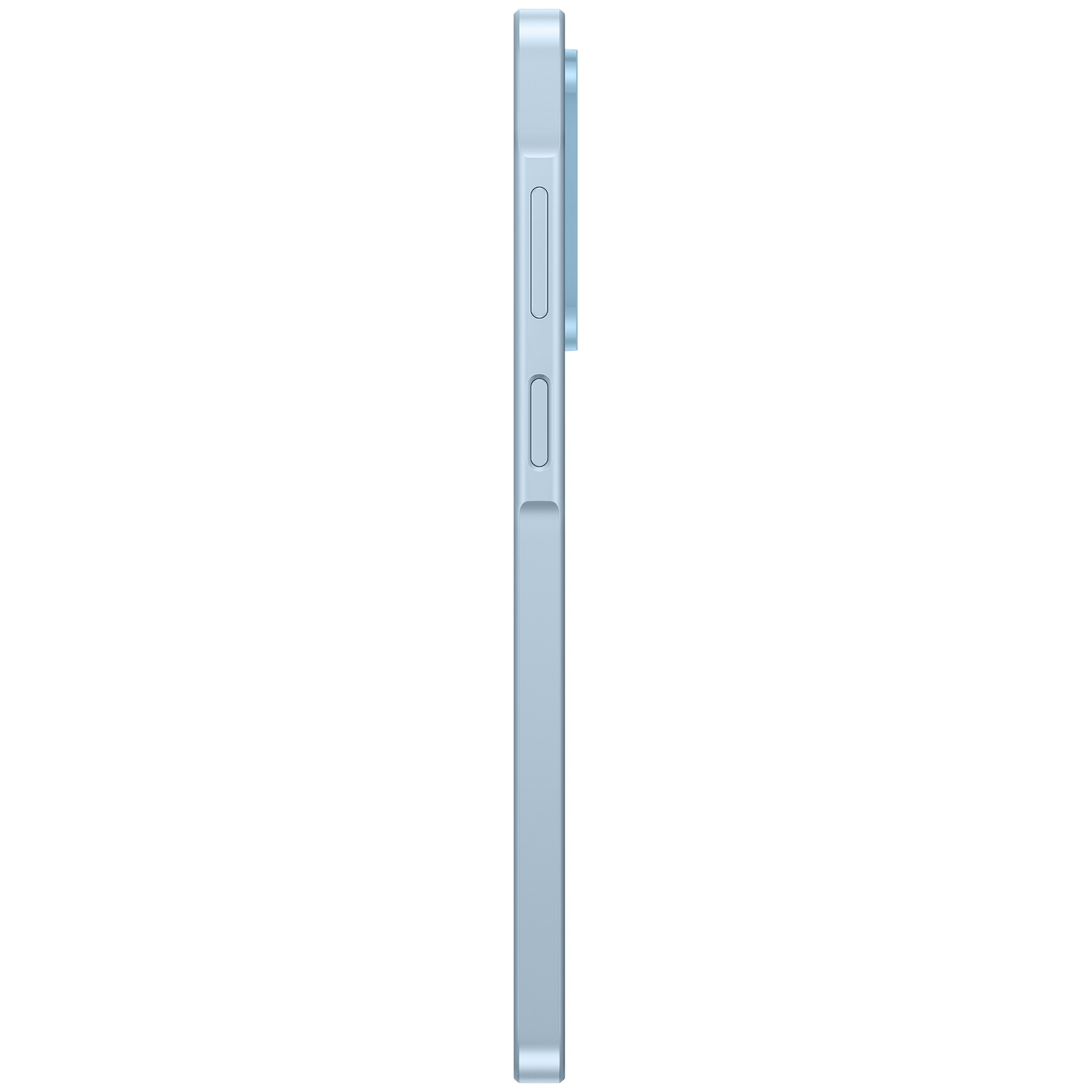 Side view of a light blue smartphone showing physical buttons against a white background.