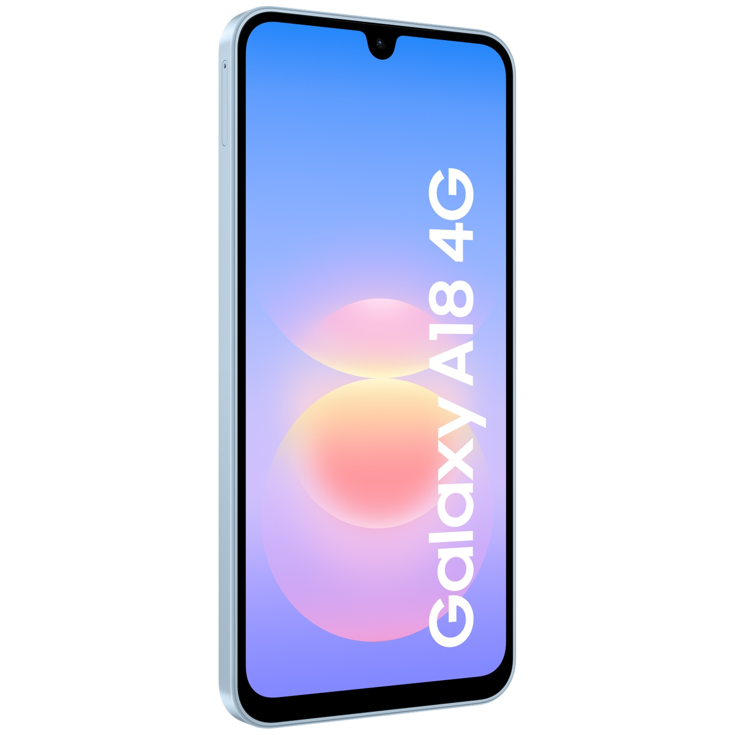 A light blue smartphone displaying the text 'Galaxy A18 4G' on the screen.