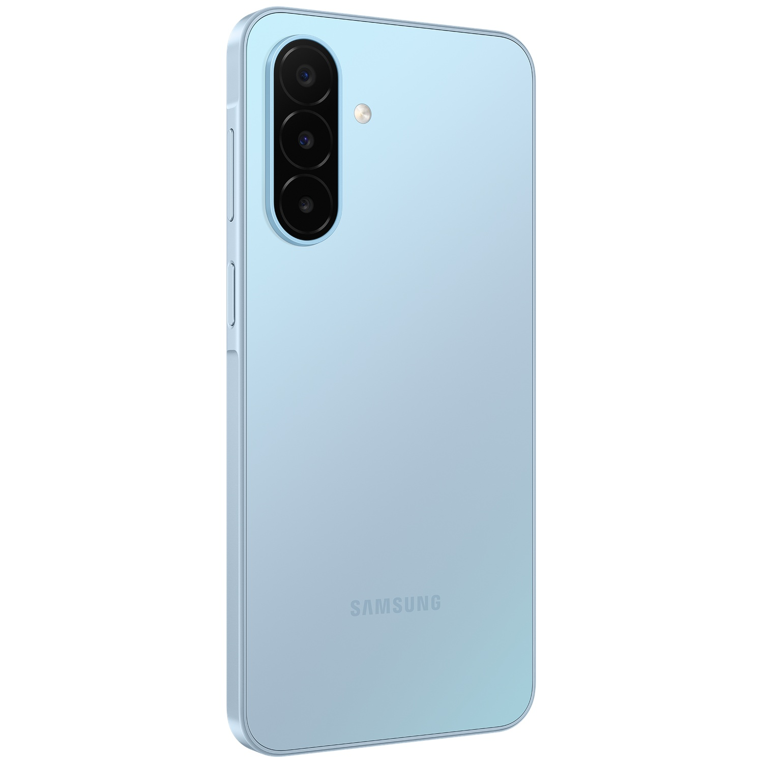 Back of a light blue Samsung smartphone featuring a vertical triple camera and flash on a white background.
