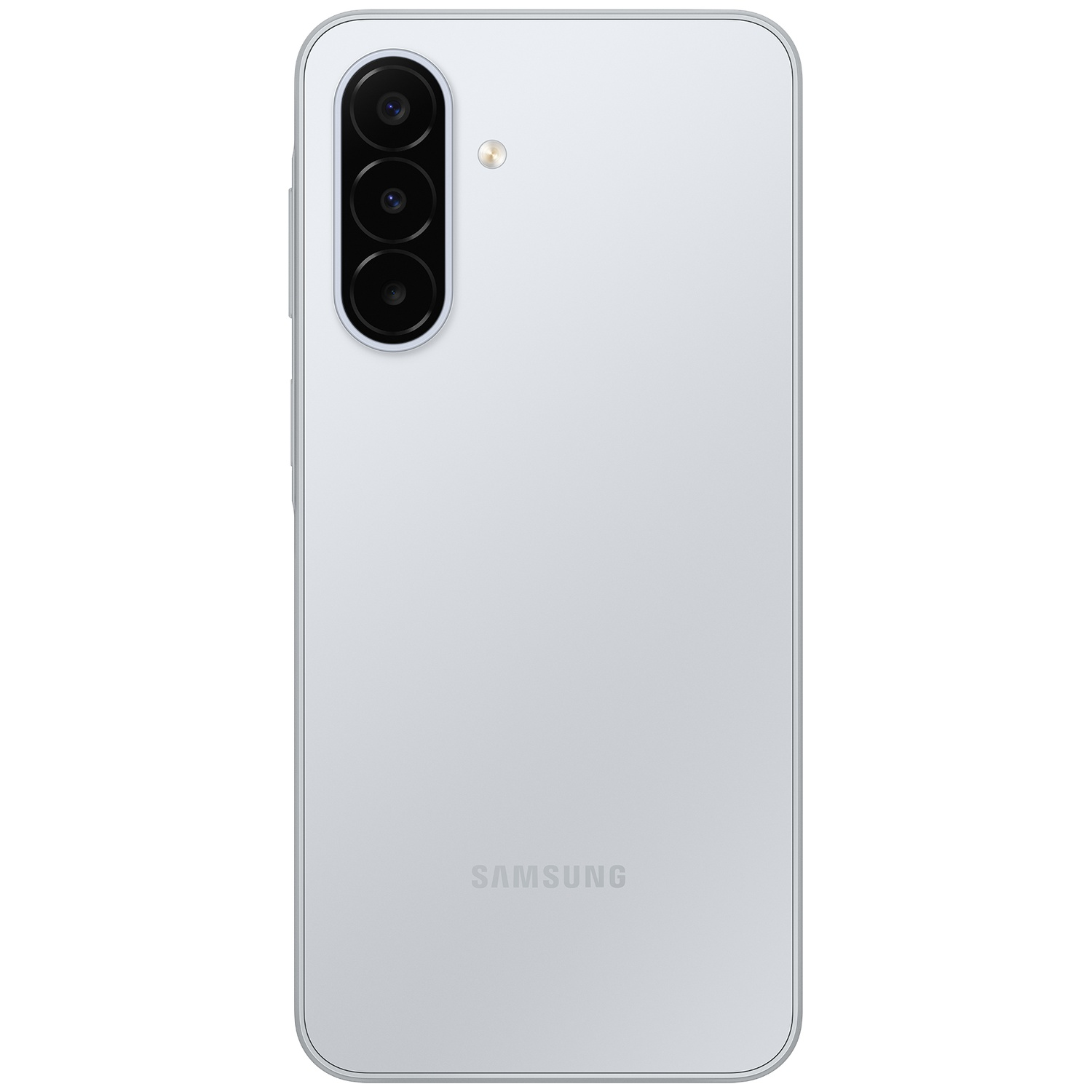 Back of a silver Samsung smartphone featuring a vertical triple camera.