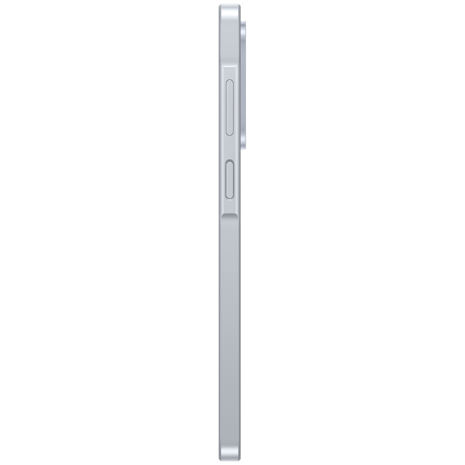 Side view of a silver smartphone showing volume buttons and a flat frame.