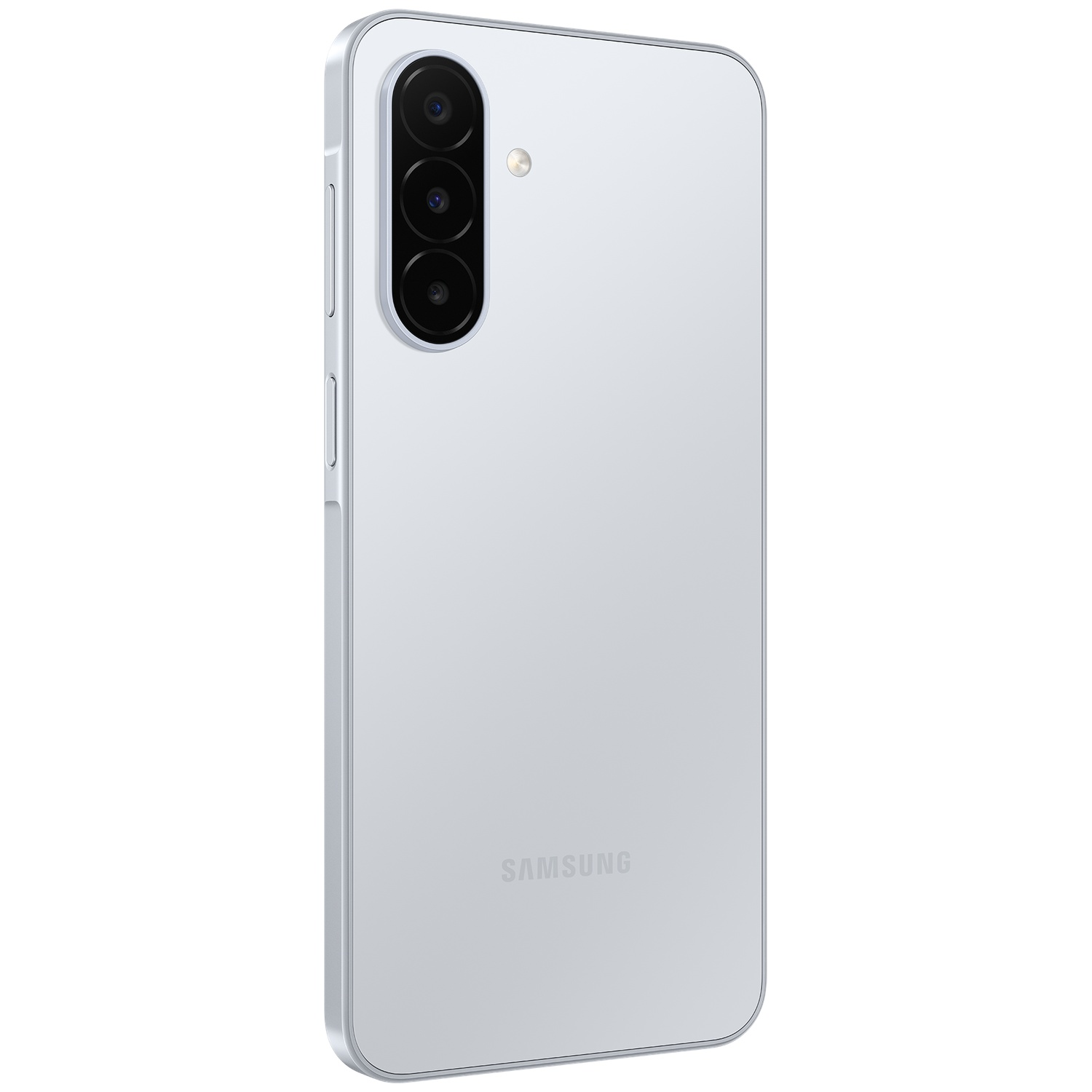 A light grey Samsung smartphone seen from the back, featuring a vertical triple camera module and the Samsung logo.