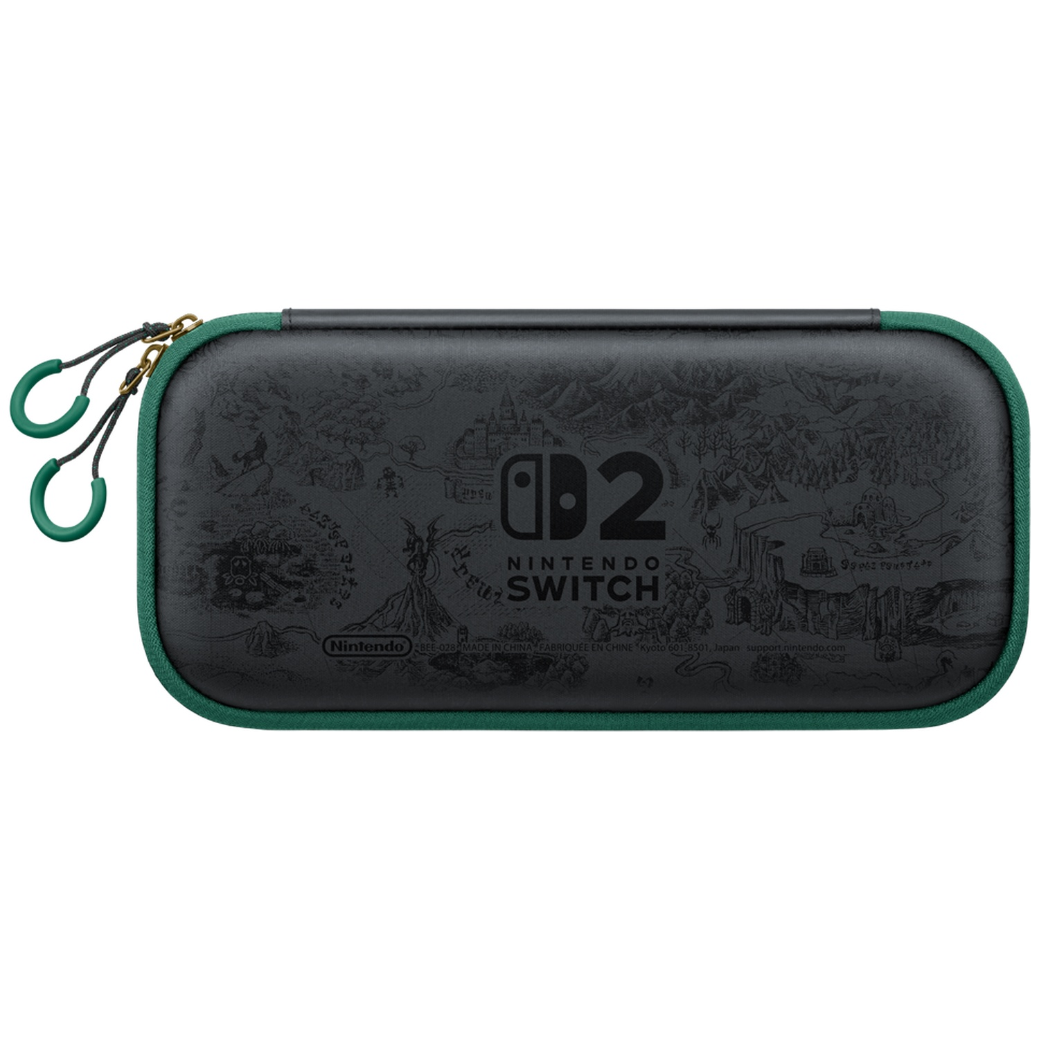 Zwarte Nintendo Switch hoes met groene rand, bedrukte kaart en logo op een witte achtergrond.
