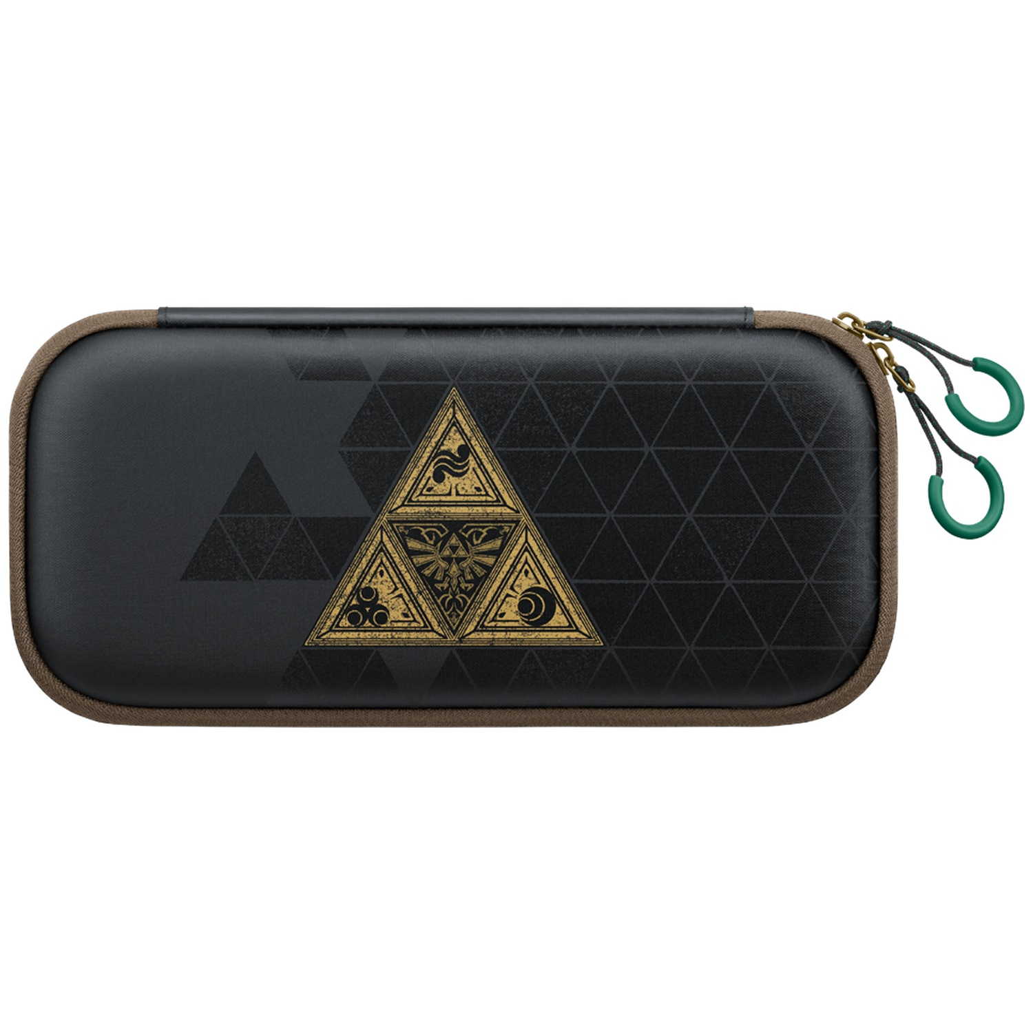 Zwarte hardcase met gouden Triforce-symbool, bruine rand en twee groene ritsen.