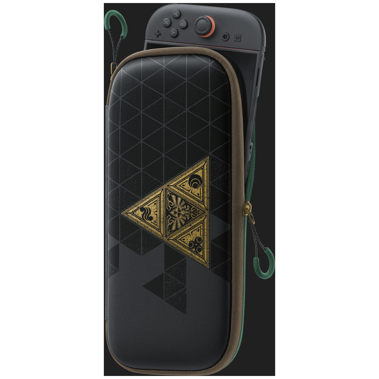 Een zwarte Nintendo Switch hoes met gouden Triforce-ontwerp en gedeeltelijk geopende groene rits.