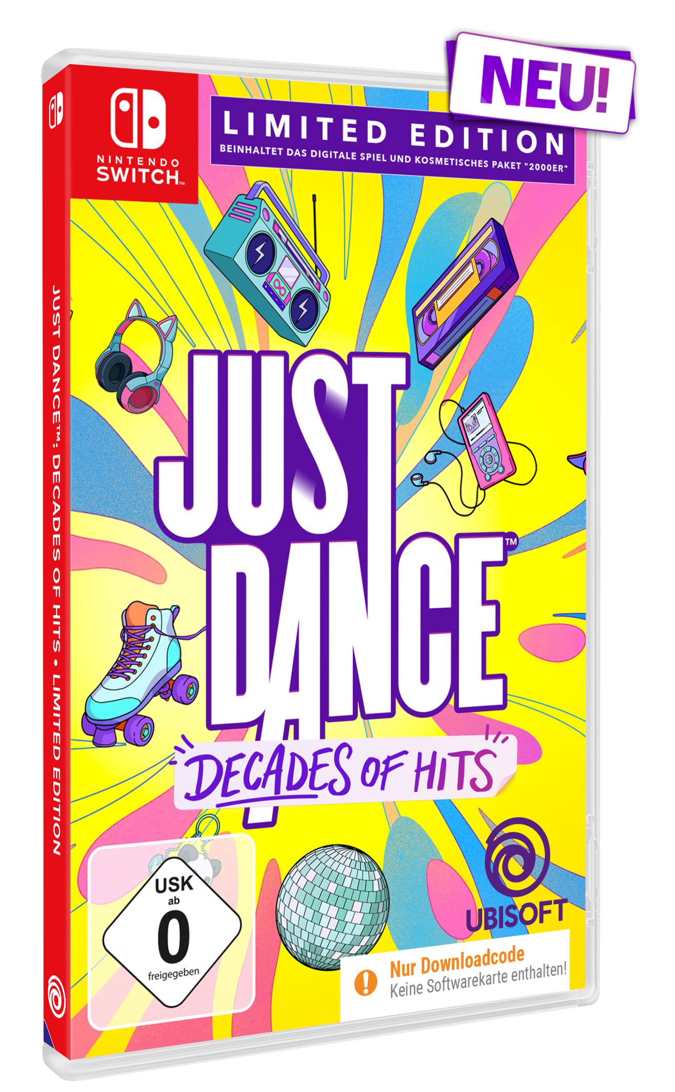 Just Dance Decades of Hits Nintendo Switch Hülle mit bunten Retro-Symbolen auf gelb-blauem Hintergrund.