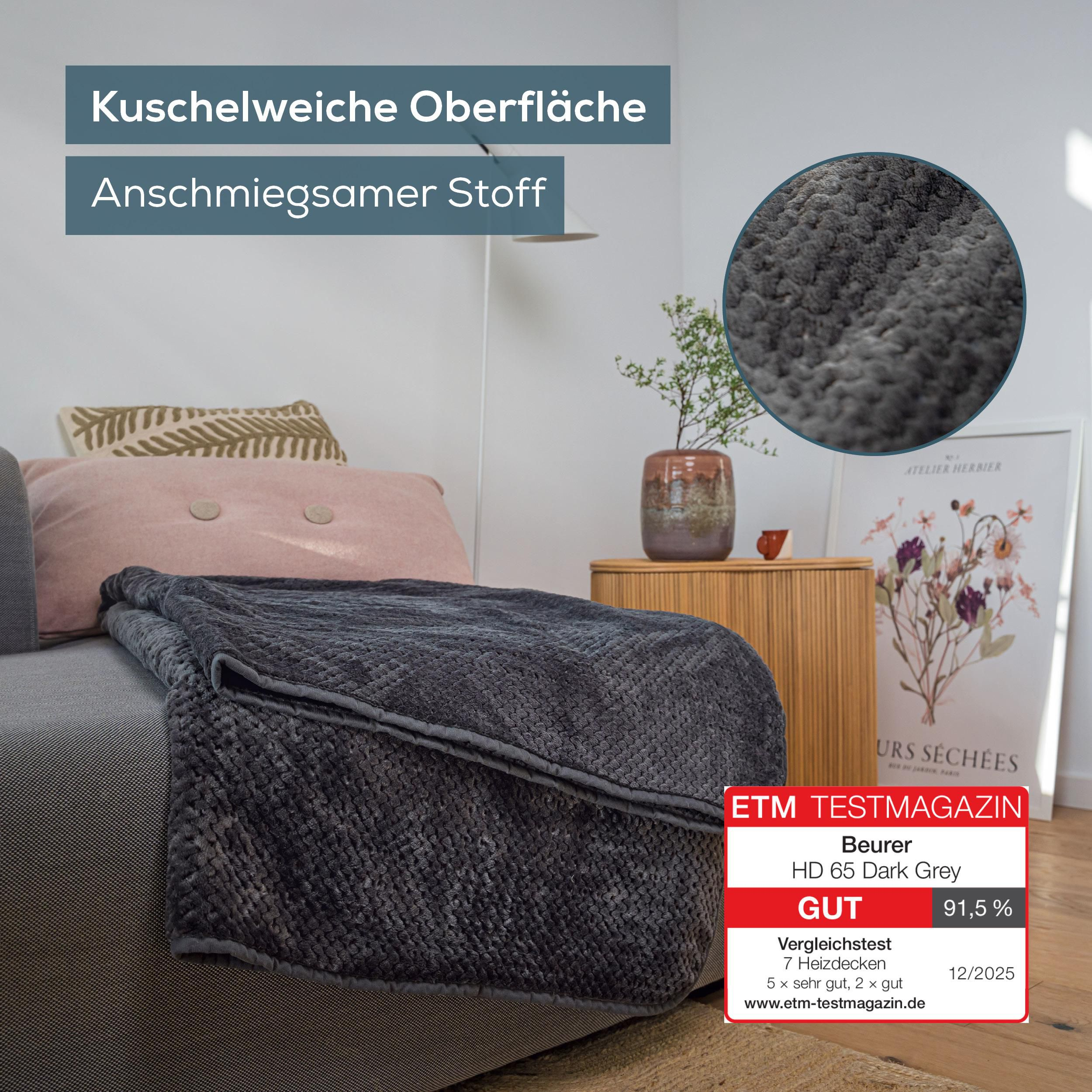 Dunkelgraue Decke auf Sofa, mit Text und Produktemblem.