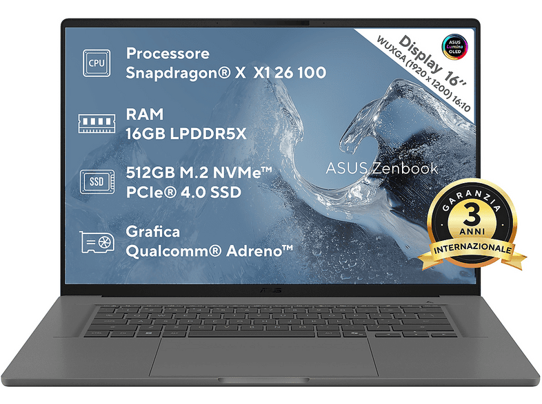 ASUS Zenbook A16 UX3607 NOTEBOOK, 16 “, processore Qualcomm Snapdragon X X1 26 100, Qualcomm Adreno™ Onboard Graphics, RAM 16 GB, 512 GB SSD, Grey, Windows 11 Home
