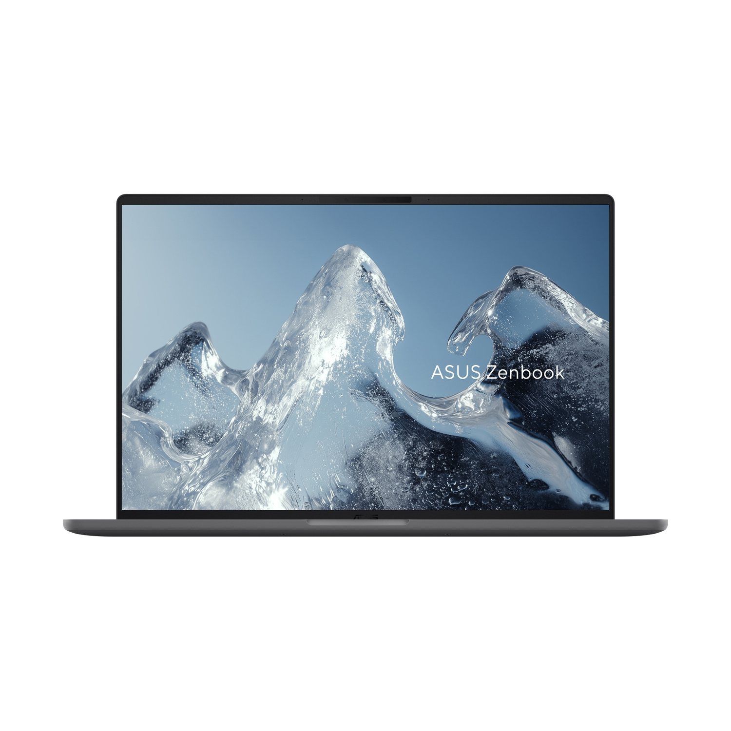 Un laptop ASUS Zenbook con sfondo blu e picchi di acqua che schizza.