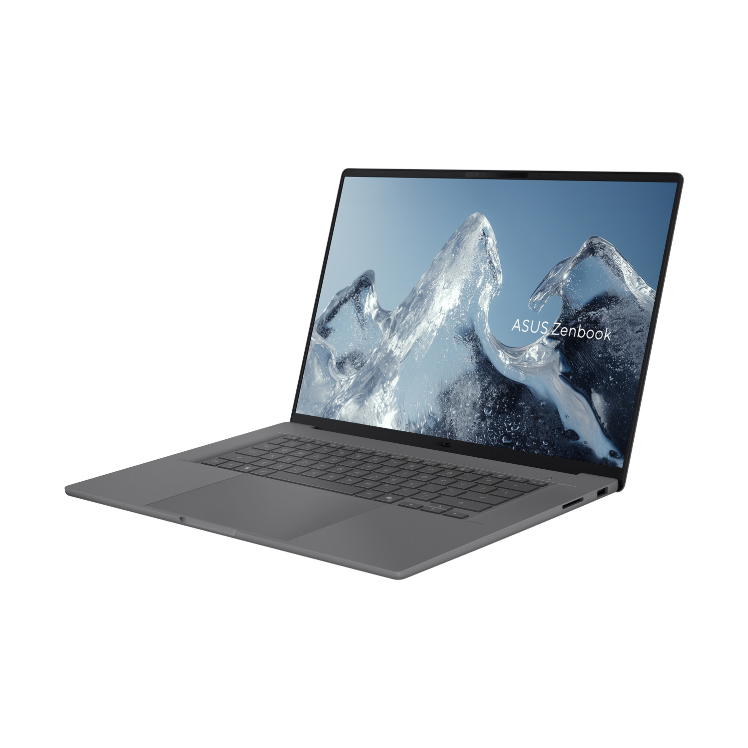 Un computer portatile grigio Asus Zenbook aperto su sfondo bianco, lo schermo mostra un'onda acquosa.