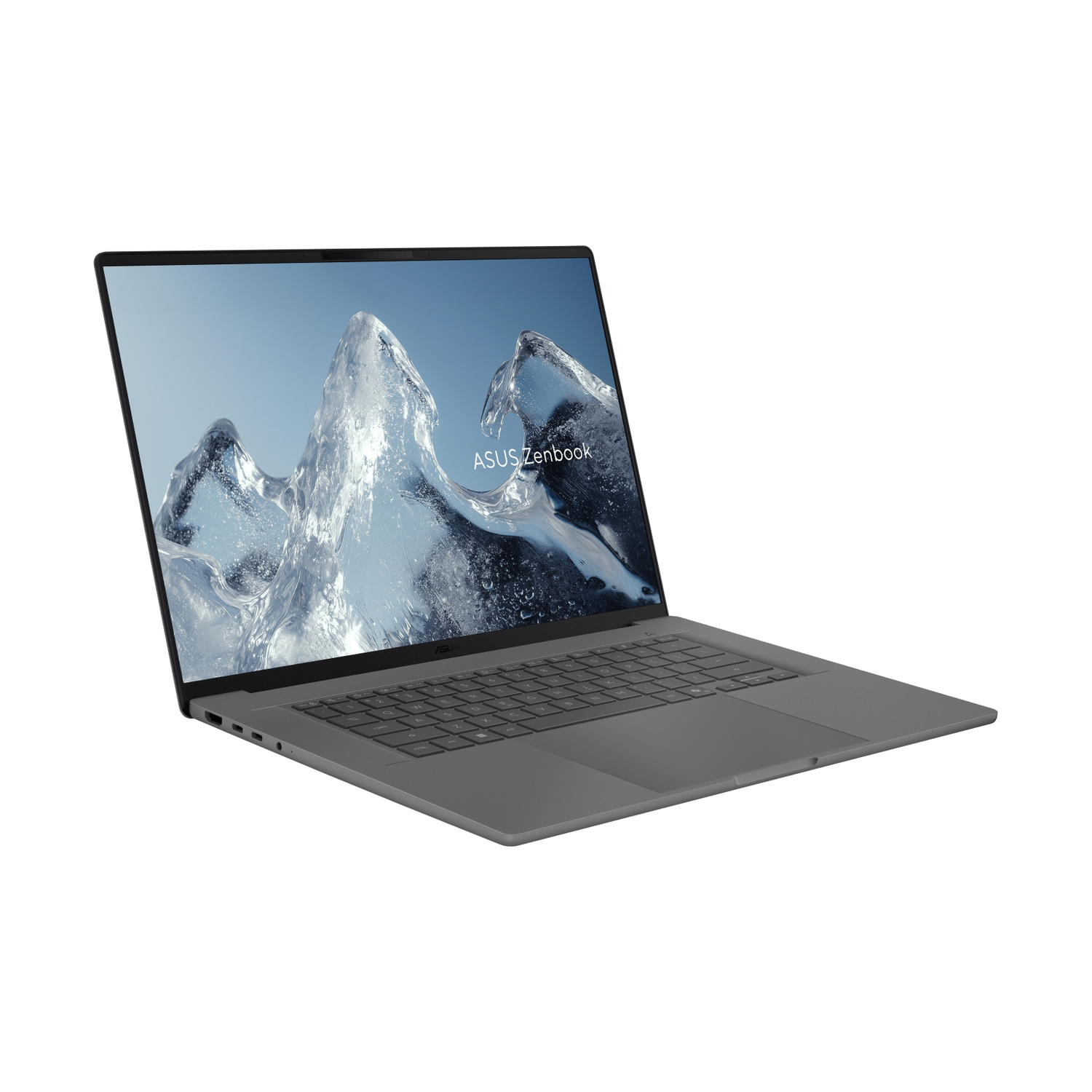 Un laptop ASUS Zenbook grigio scuro aperto con uno sfondo raffigurante uno spruzzo d'acqua blu.