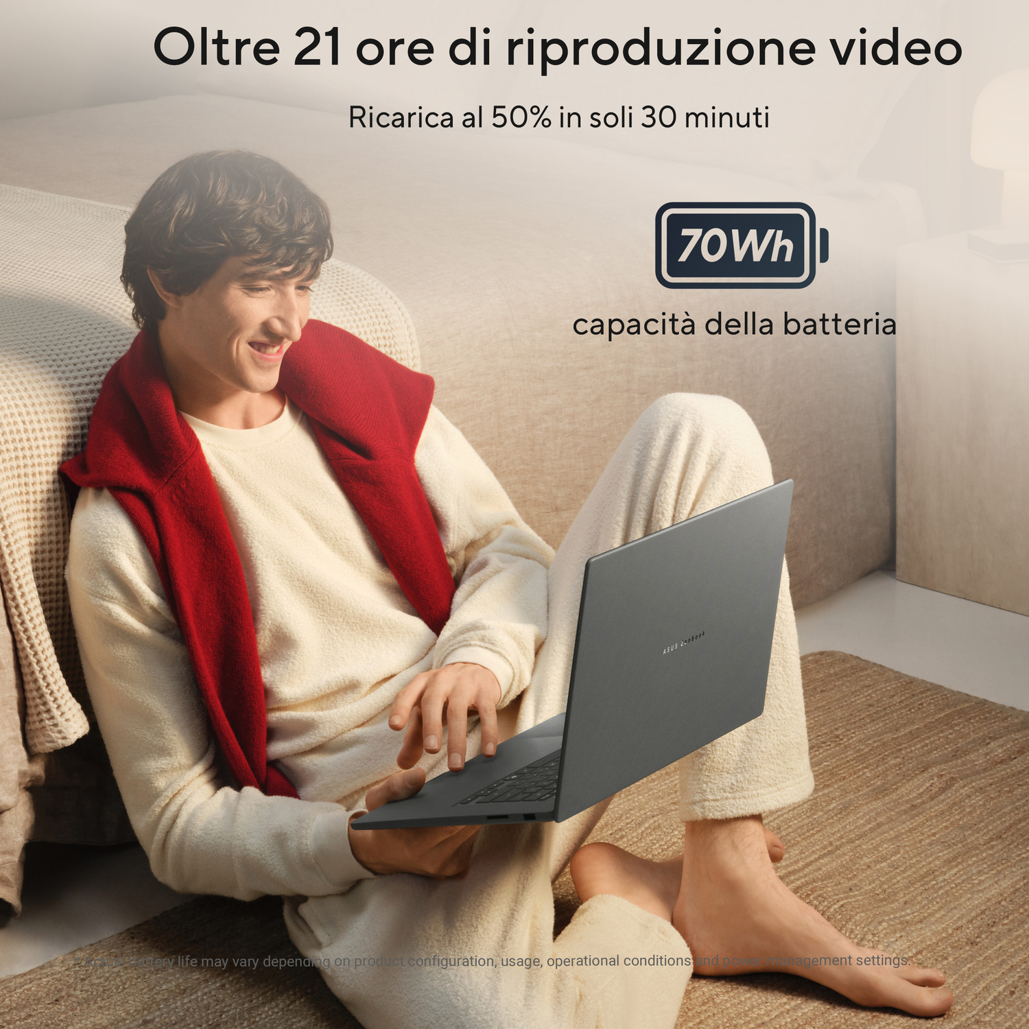 Un uomo in abiti comodi siede su un tappeto usando un laptop, circondato da testo promozionale.