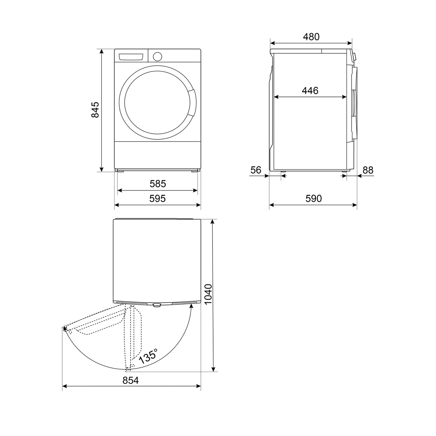 Disegno tecnico di una lavatrice con viste frontale, laterale e dall'alto e dimensioni precise.