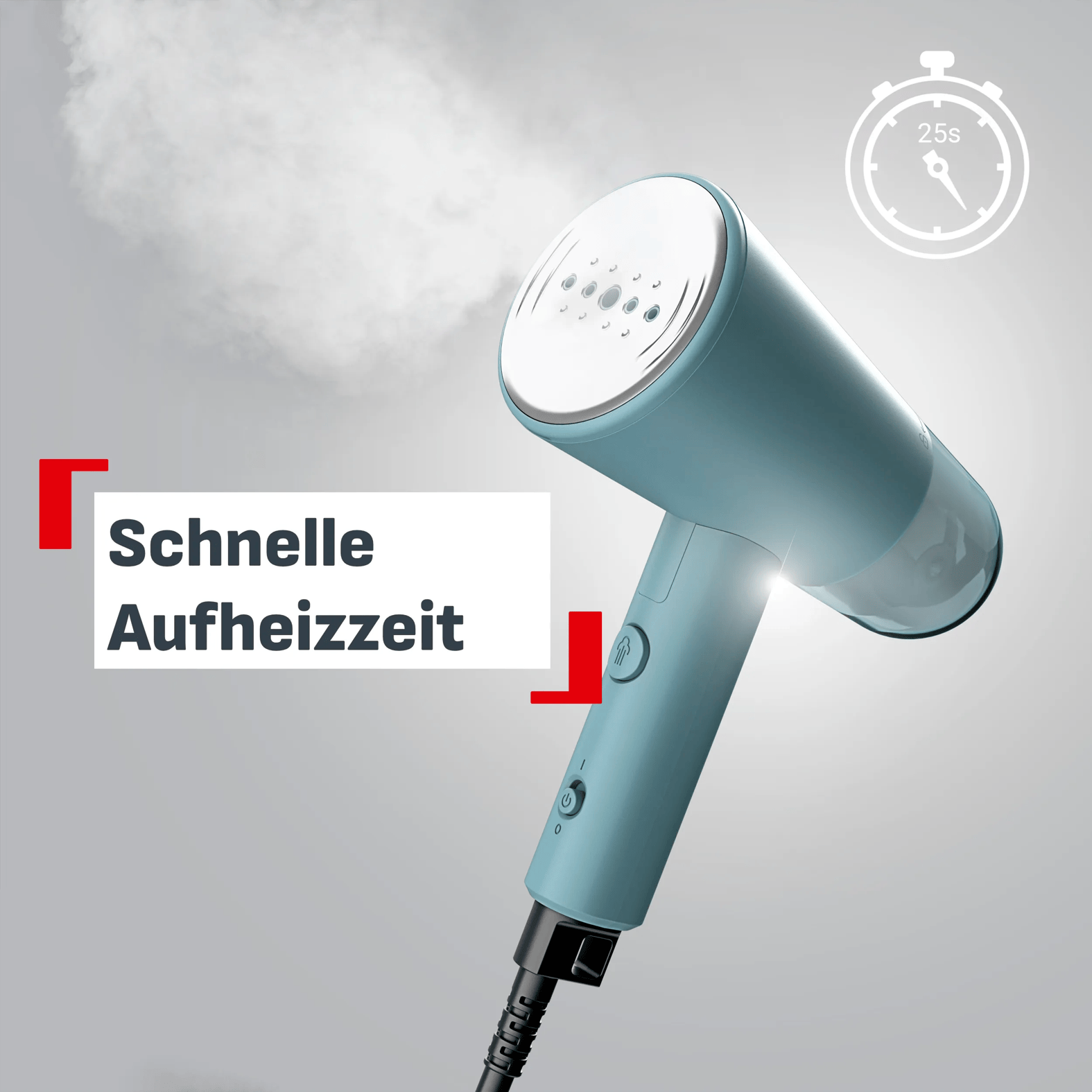 Türkiser Handdampfgarer mit Dampf und Stoppuhr-Symbol mit 25s, Text Schnelle Aufheizzeit.