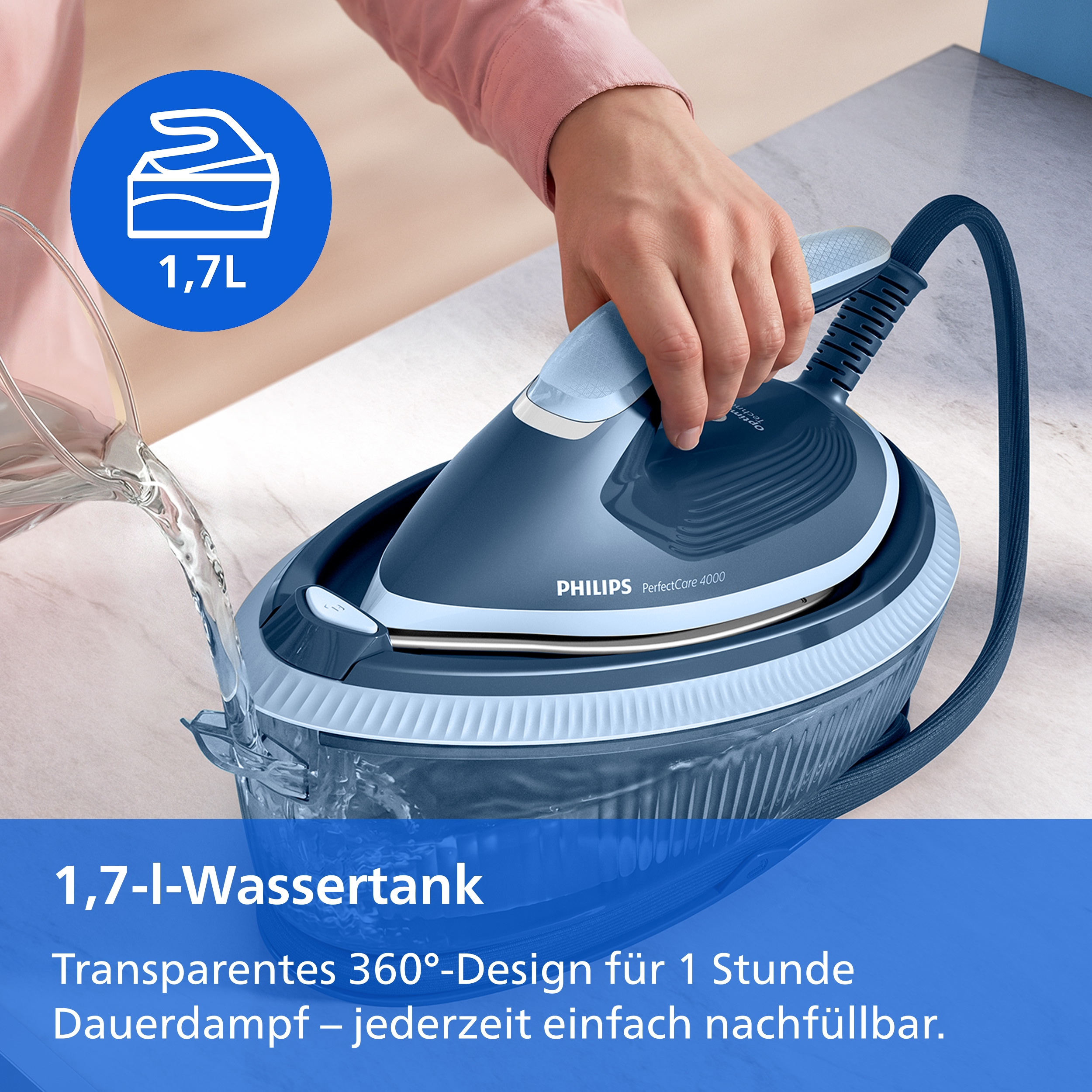 Eine Person gießt Wasser in den transparenten 1,7-l-Wassertank einer blauen Philips Dampfbügelstation.
