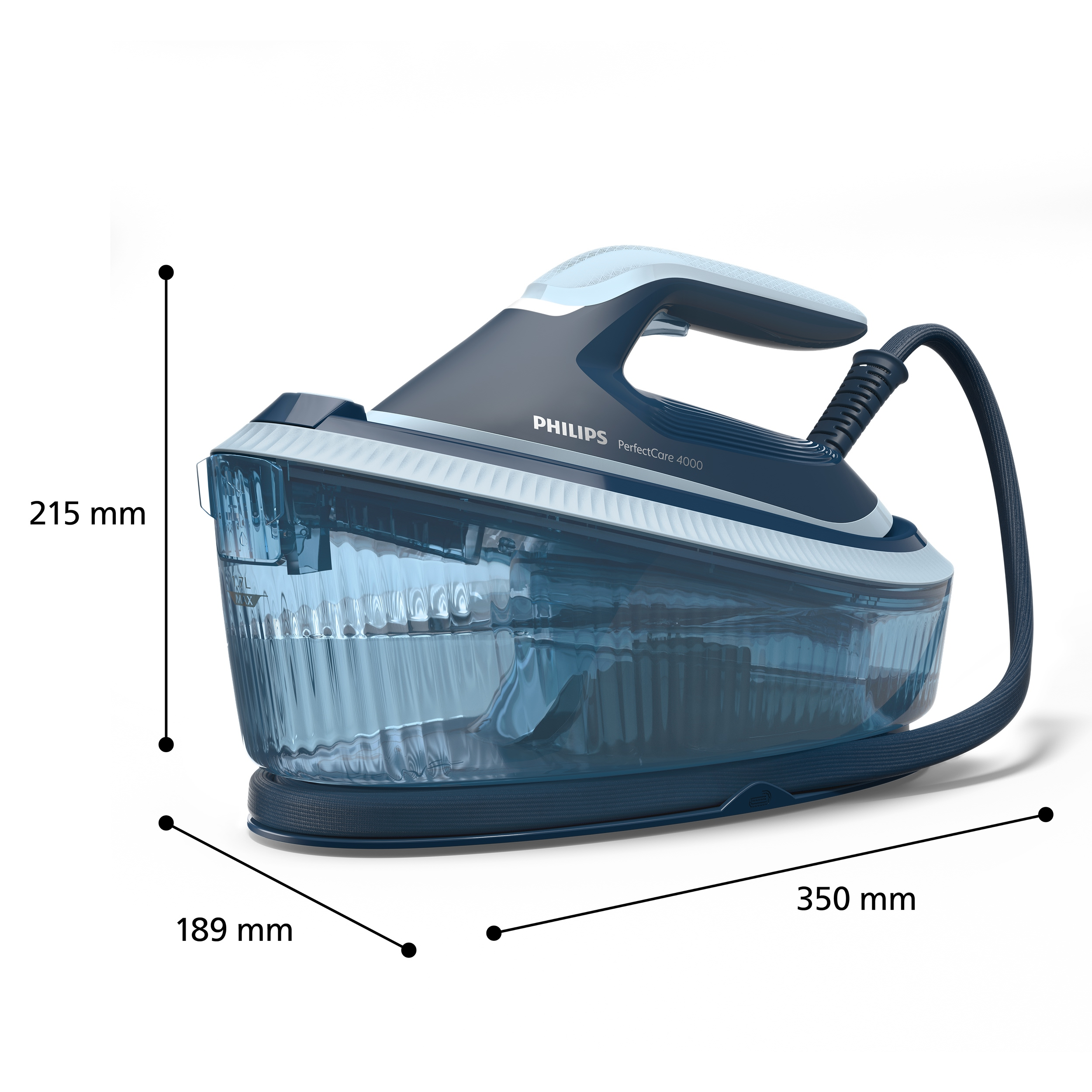 Blaue Philips PerfectCare 4000 Dampfbügelestation mit Maßangaben von 215 mm Höhe, 350 mm Länge und 189 mm Breite.
