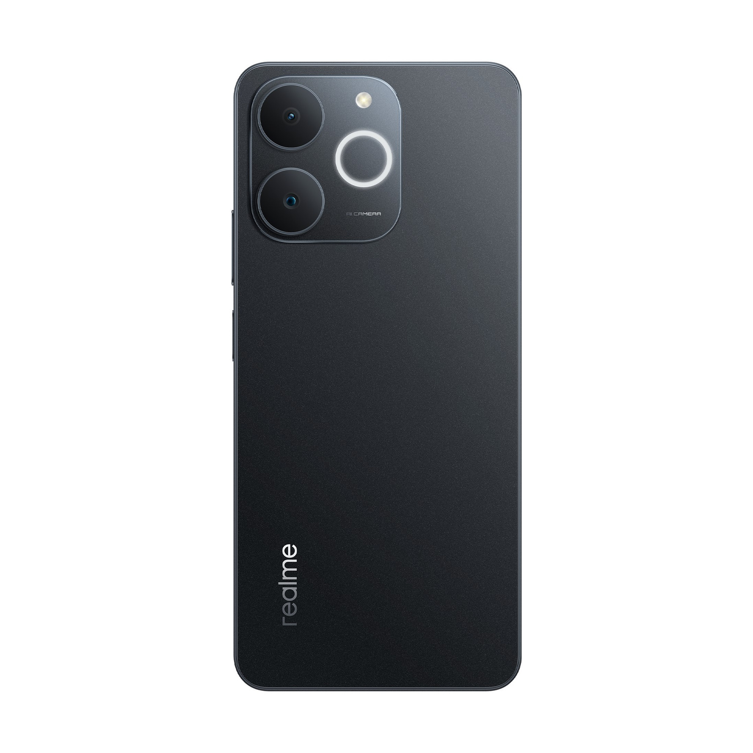 Retro di uno smartphone Realme grigio scuro con due obiettivi e un anello luminoso.