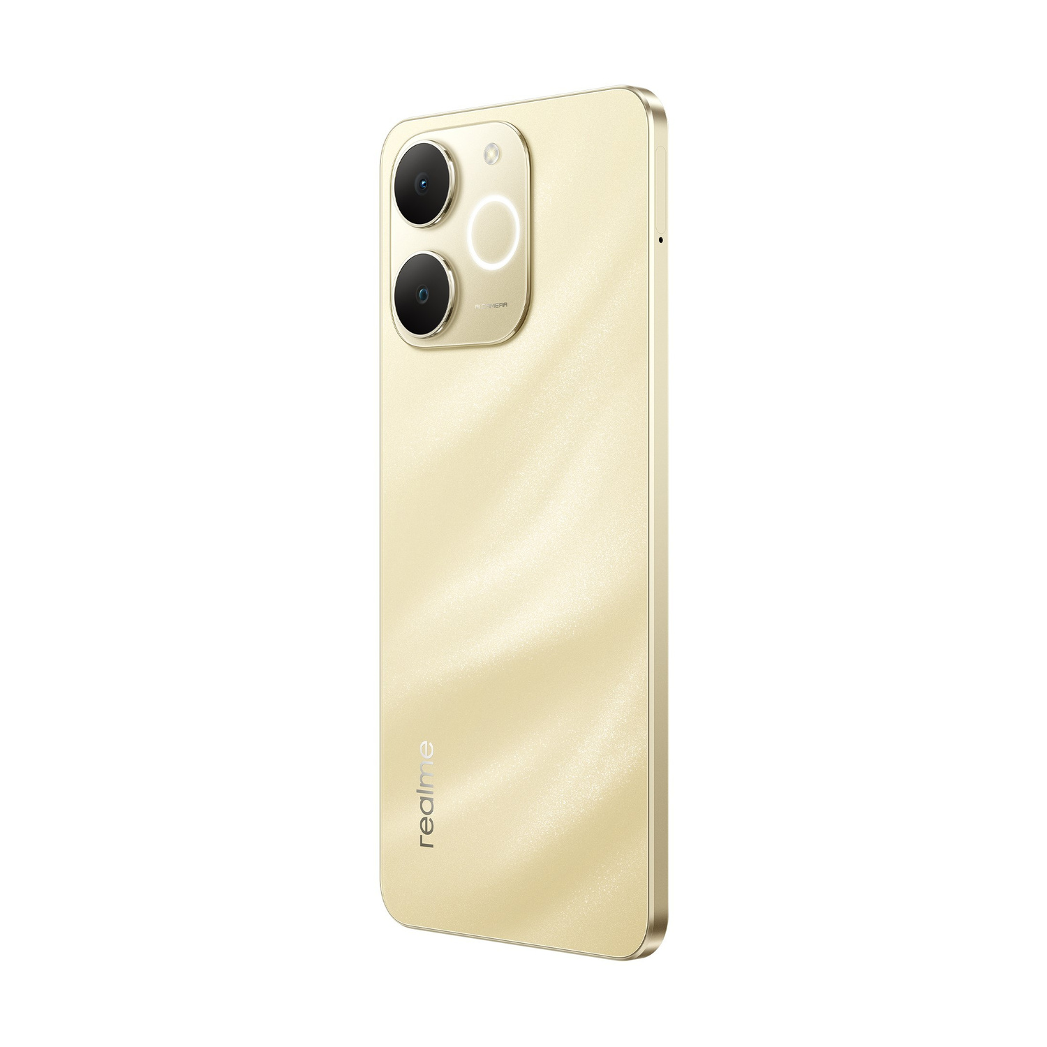 Retro di uno smartphone Realme dorato con due obiettivi fotografici e il logo.