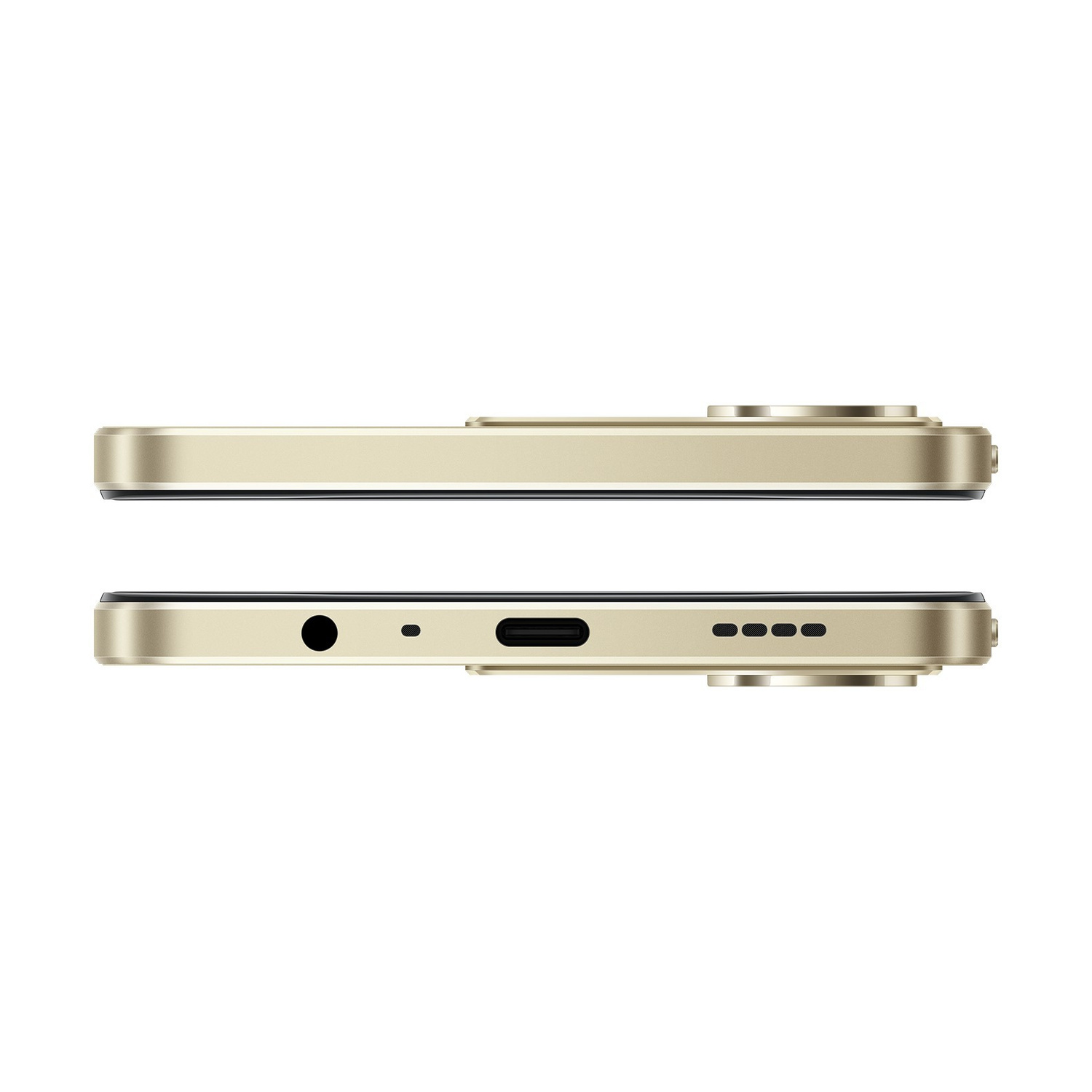 Vista dei bordi superiore e inferiore di uno smartphone oro con porte.
