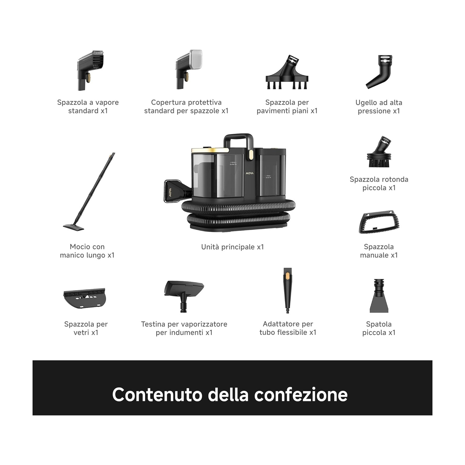 Contenuto della confezione con un'unità pulitrice a vapore nera e vari accessori con etichette in italiano.