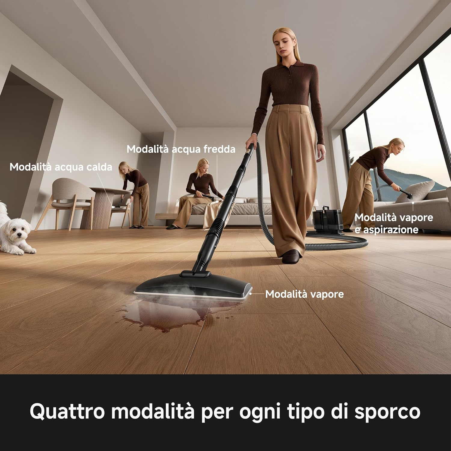 Una donna usa un pulitore a vapore multimodale su un pavimento in legno in una stanza moderna, con quattro modalità etichettate.