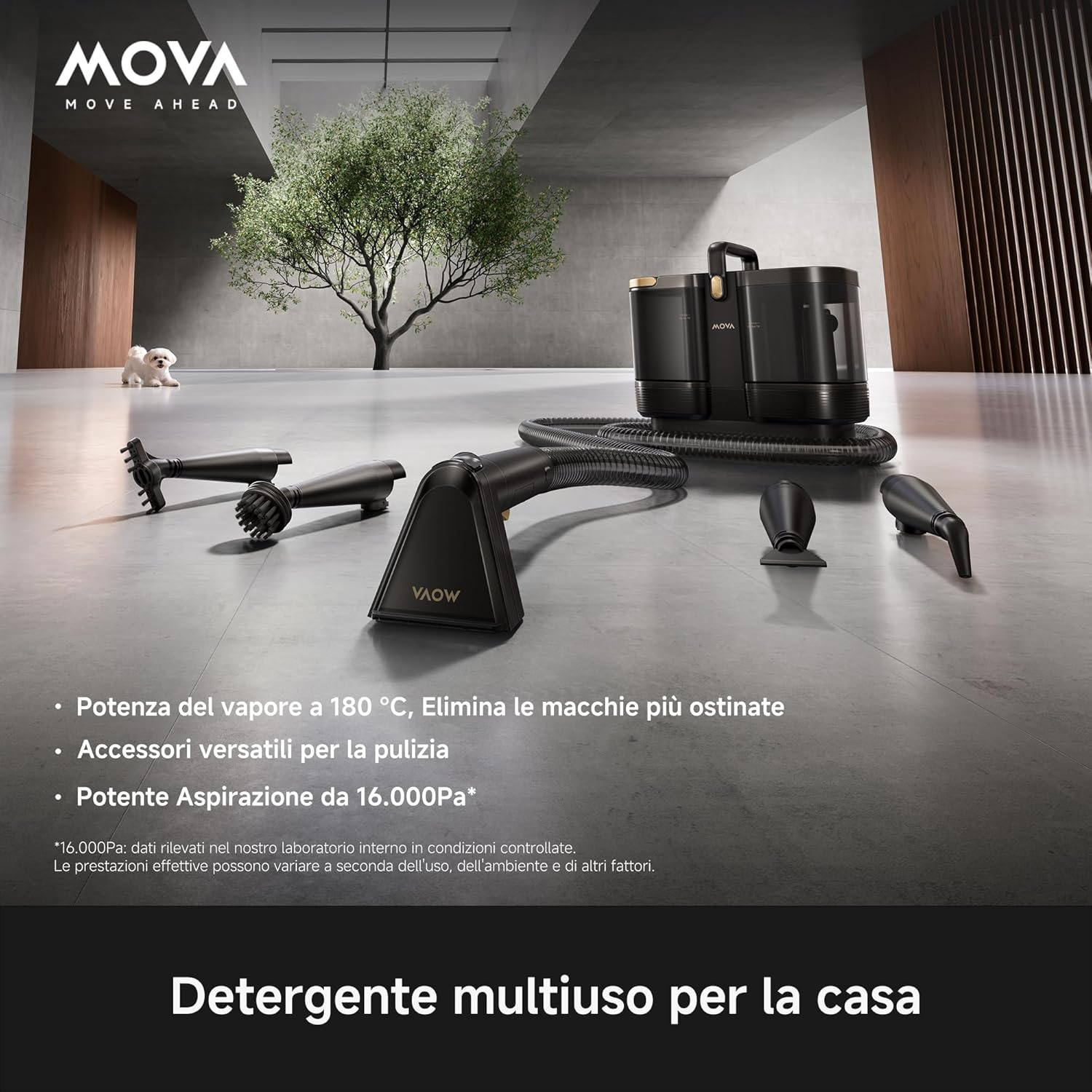 Pulitore a vapore Mova nero con accessori sul pavimento in una stanza moderna con un albero sullo sfondo.