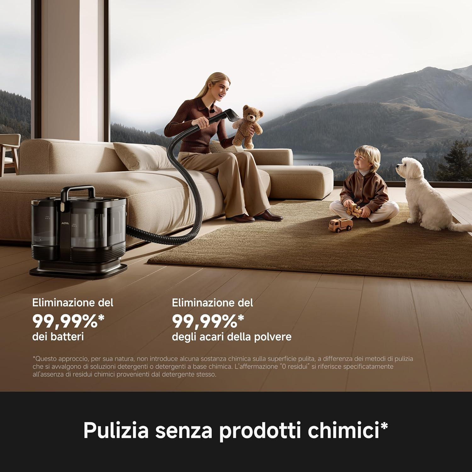 Una donna usa un pulitore per pavimenti in un soggiorno con un bambino, un cane e montagne.