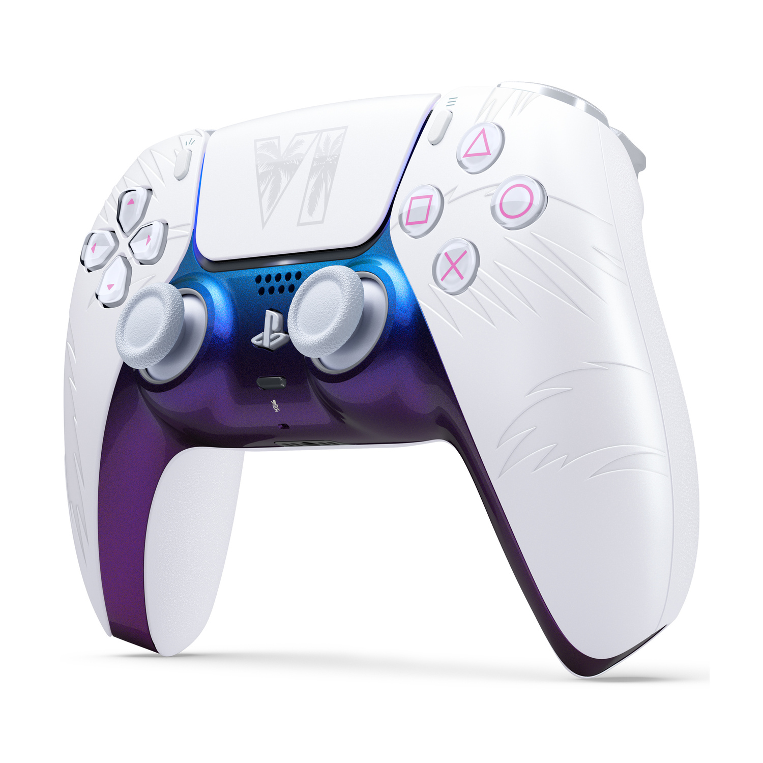 Un controller per PlayStation 5 sfumato bianco e viola con levette grigie e dettagli rosa chiaro.