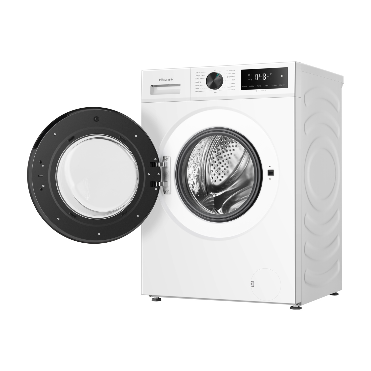 Una lavatrice bianca Hisense con porta in vetro nero aperta e display digitale su sfondo bianco.