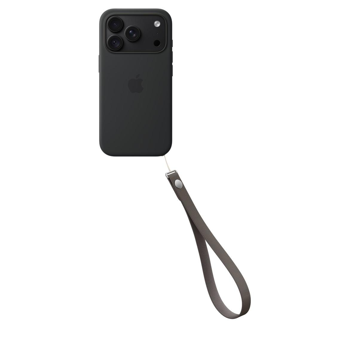 Ein schwarzes Smartphone in Schutzhülle mit dunkelgrauer Handschlaufe unten vor weißem Hintergrund.