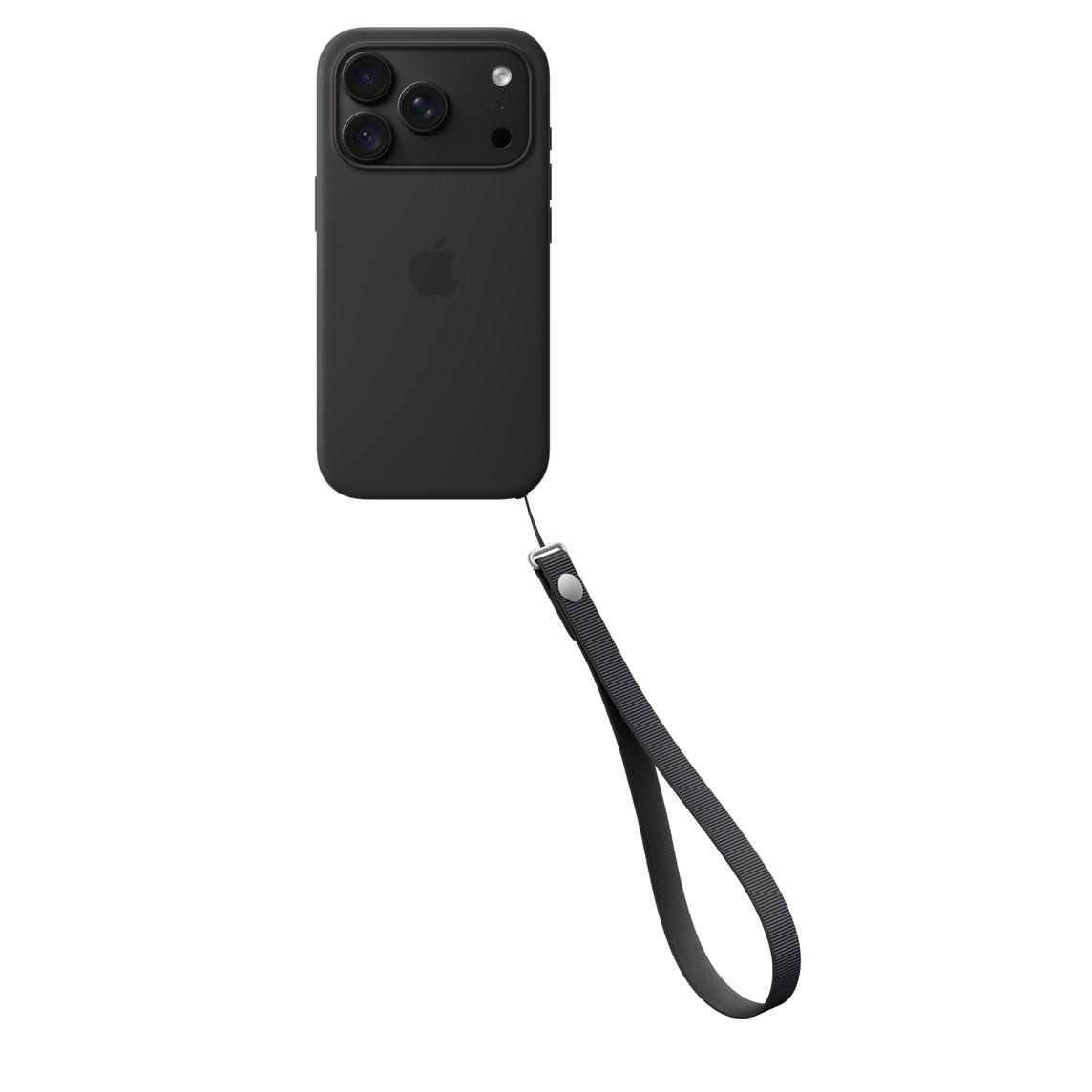 Ein schwarzes Smartphone in einer Schutzhülle mit einer schwarzen Handschlaufe auf weißem Hintergrund.