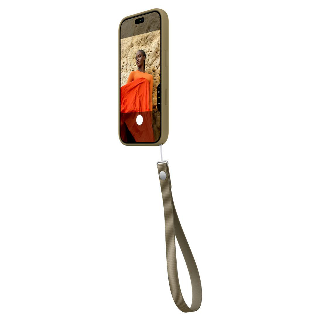 Ein olivgrünes Smartphone in einer Schutzhülle mit passender kurzer Handschlaufe, freigestellt auf weißem Grund.